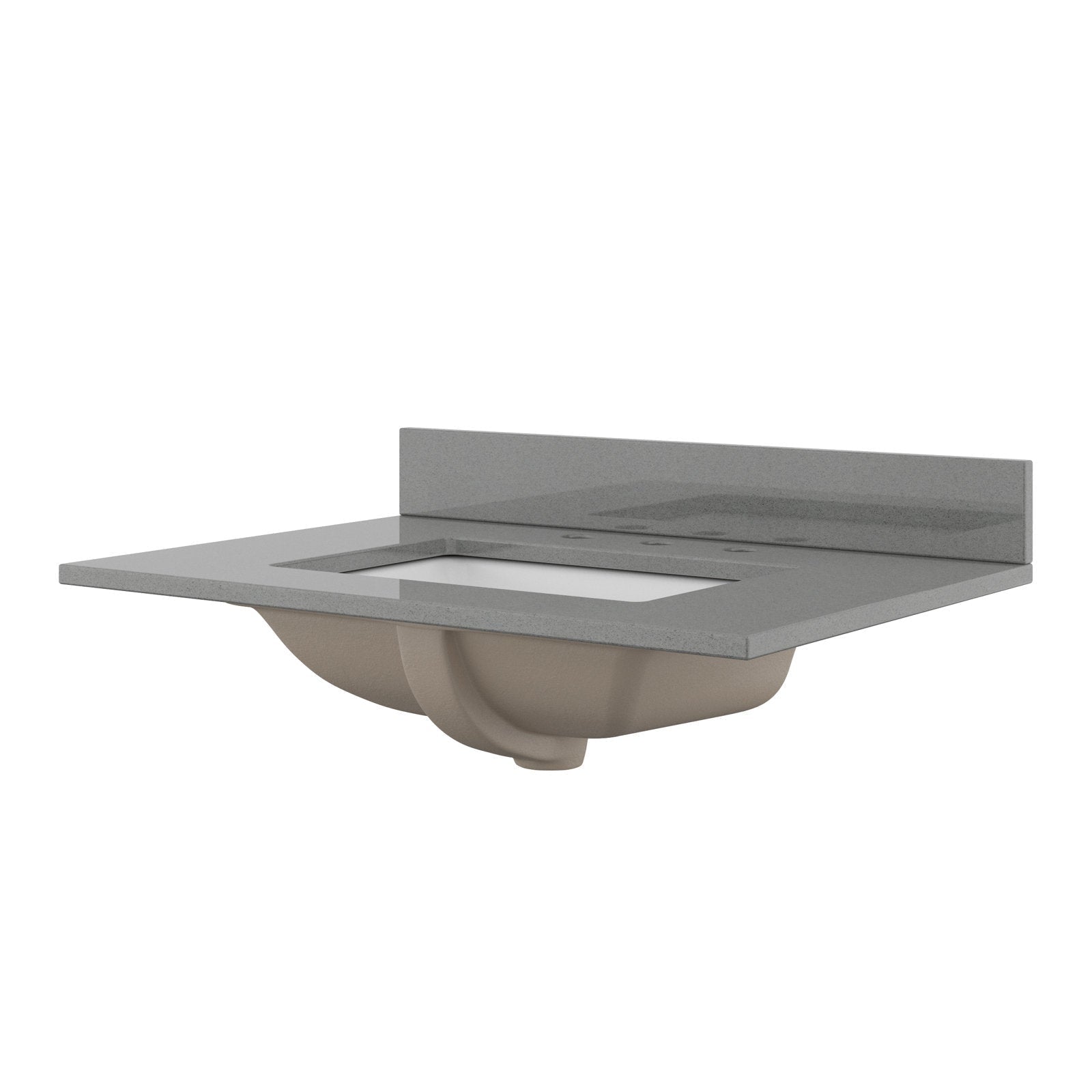 31-inch modern single-sink vanity top in stone finish with a low matching backsplash, rectangular white ceramic undermount sink and curved beige basin underside for contemporary bathrooms.