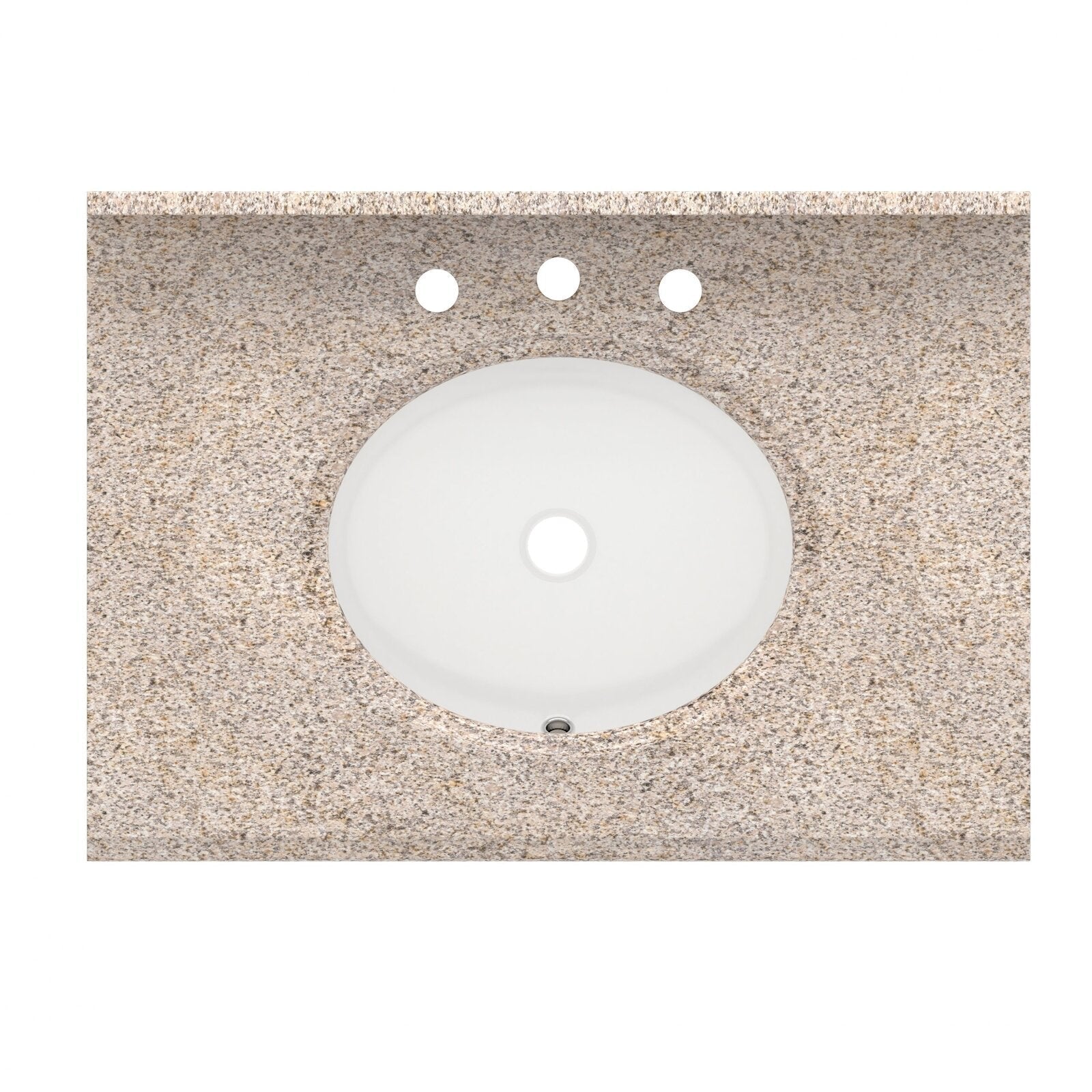 Top-down view of a beige speckled stone vanity countertop with a white oval ceramic undermount sink, center drain and three pre-drilled faucet holes.