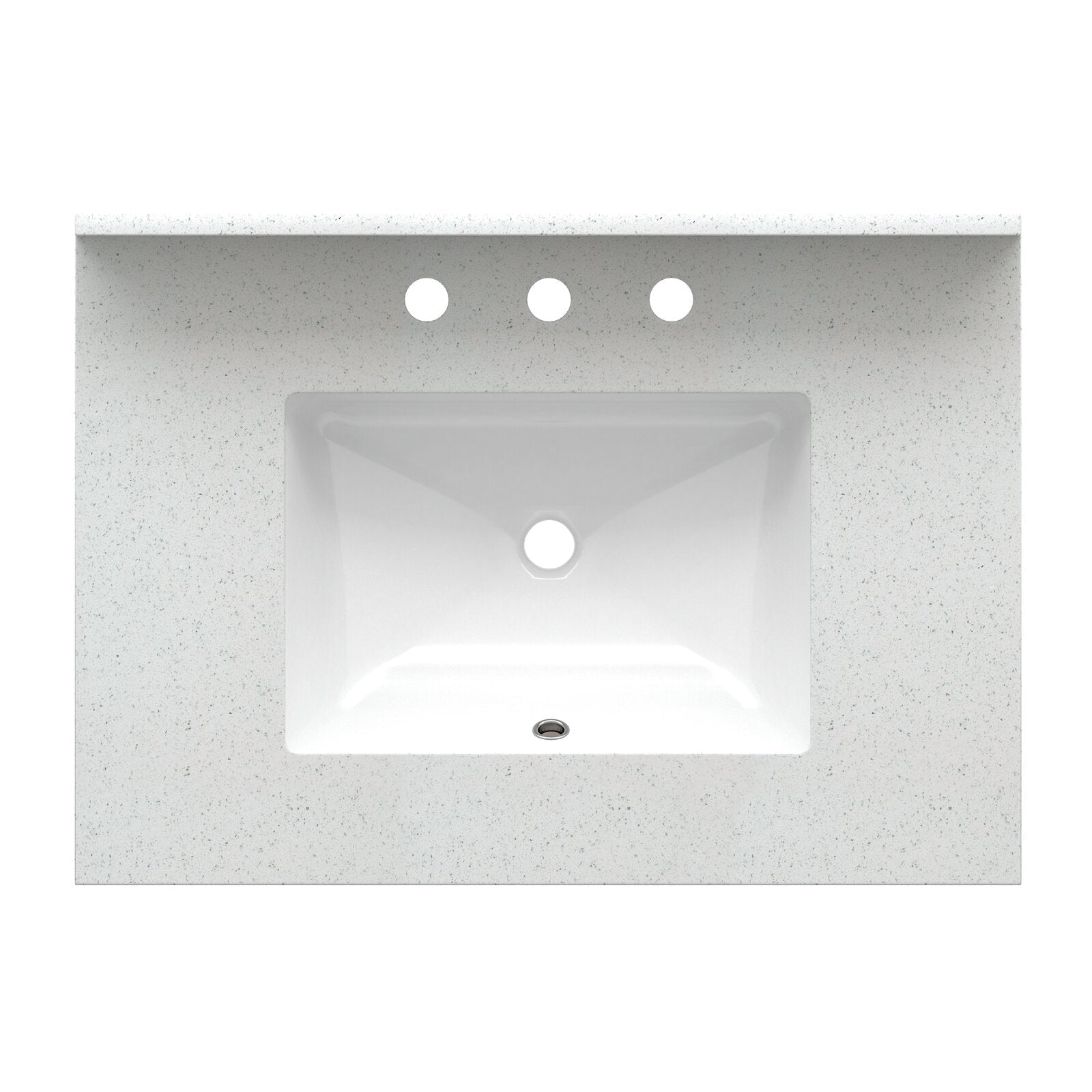 Top-down view of a white quartz vanity top with subtle speckling and a centered rectangular white ceramic sink, showing three pre-drilled faucet holes and a circular drain.