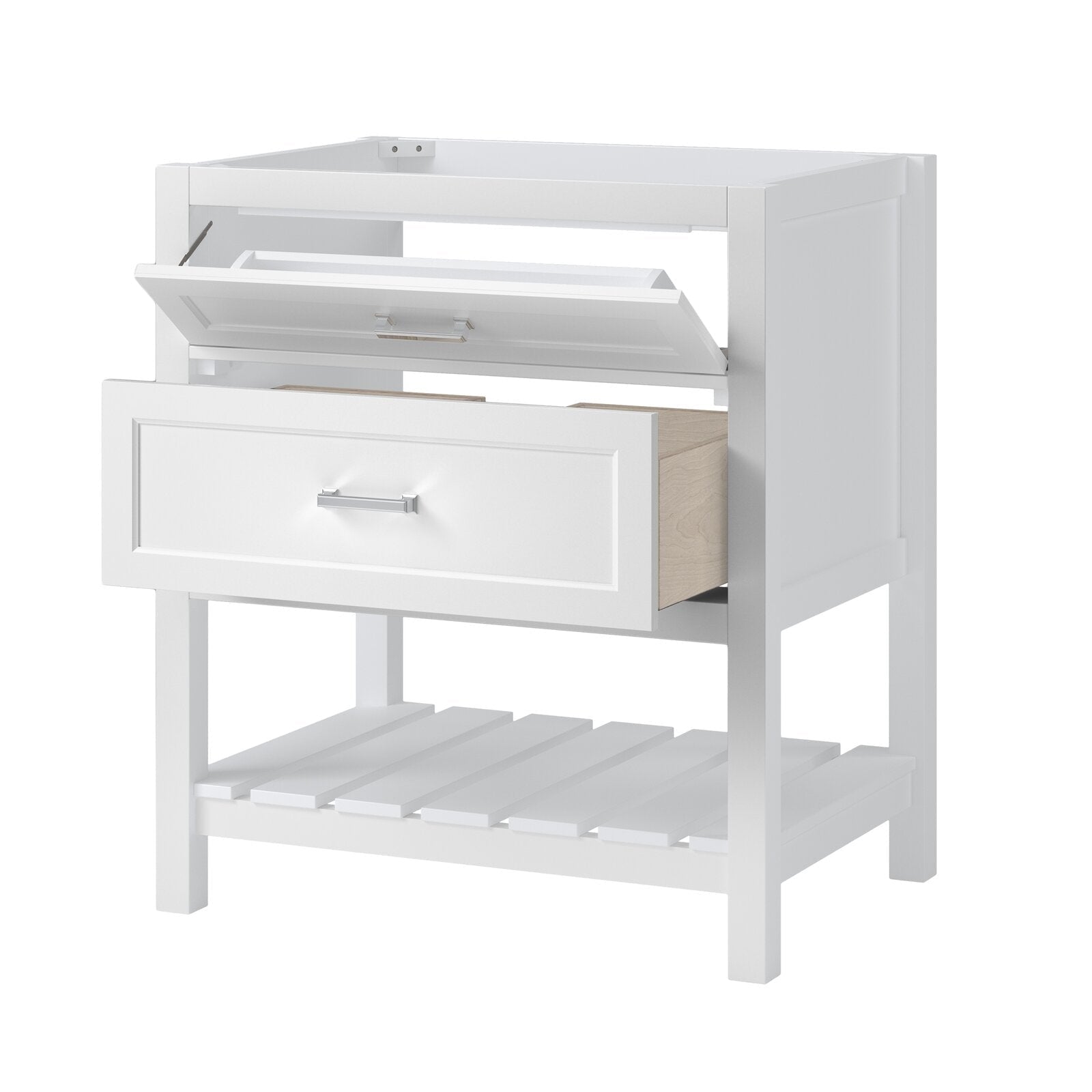 Freestanding white solid wood bathroom vanity in a modern style with slatted open lower shelf, single full-width drawer with chrome bar pull, exposed light-wood drawer interior and an upper tilt-out compartment with unfinished top for sink installati