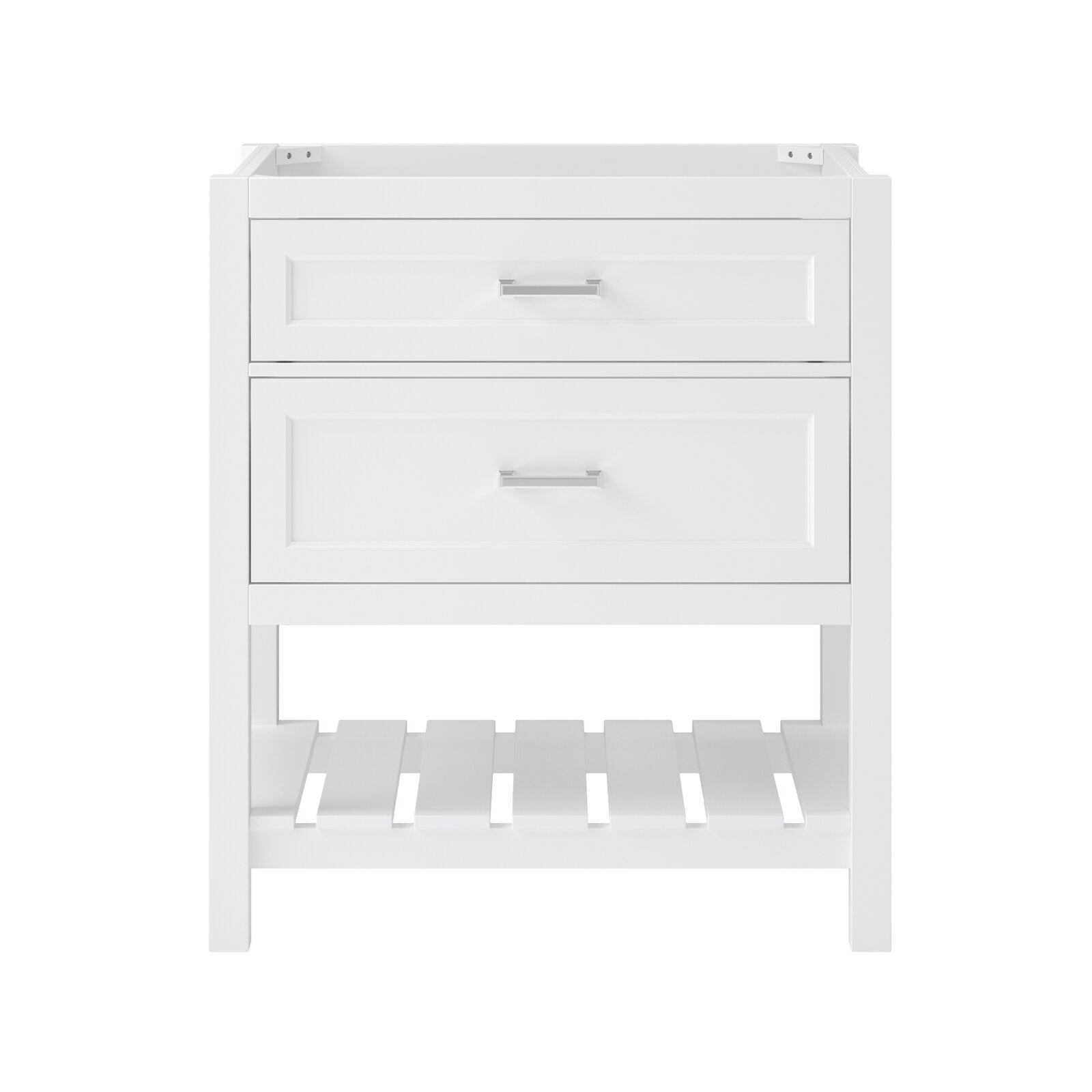 31-inch white solid wood single-sink bathroom vanity base with two recessed-panel drawers, chrome bar pulls and open slatted lower shelf; modern freestanding design shown without countertop.