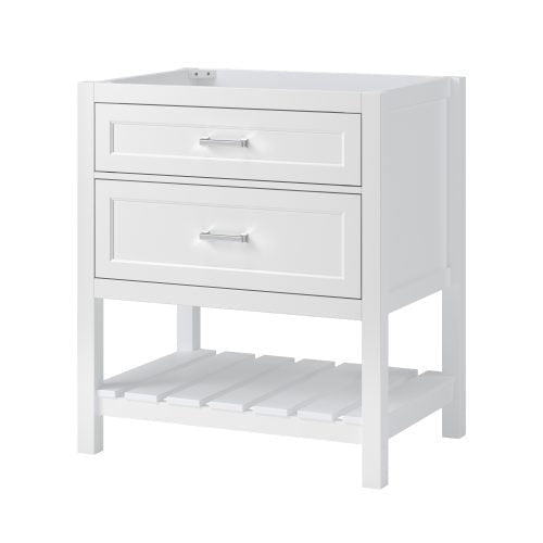 Modern white solid-wood 31-inch freestanding bathroom vanity with two recessed drawers, chrome pull handles, a slatted open bottom shelf and top sink cutout, shown without faucet or basin.