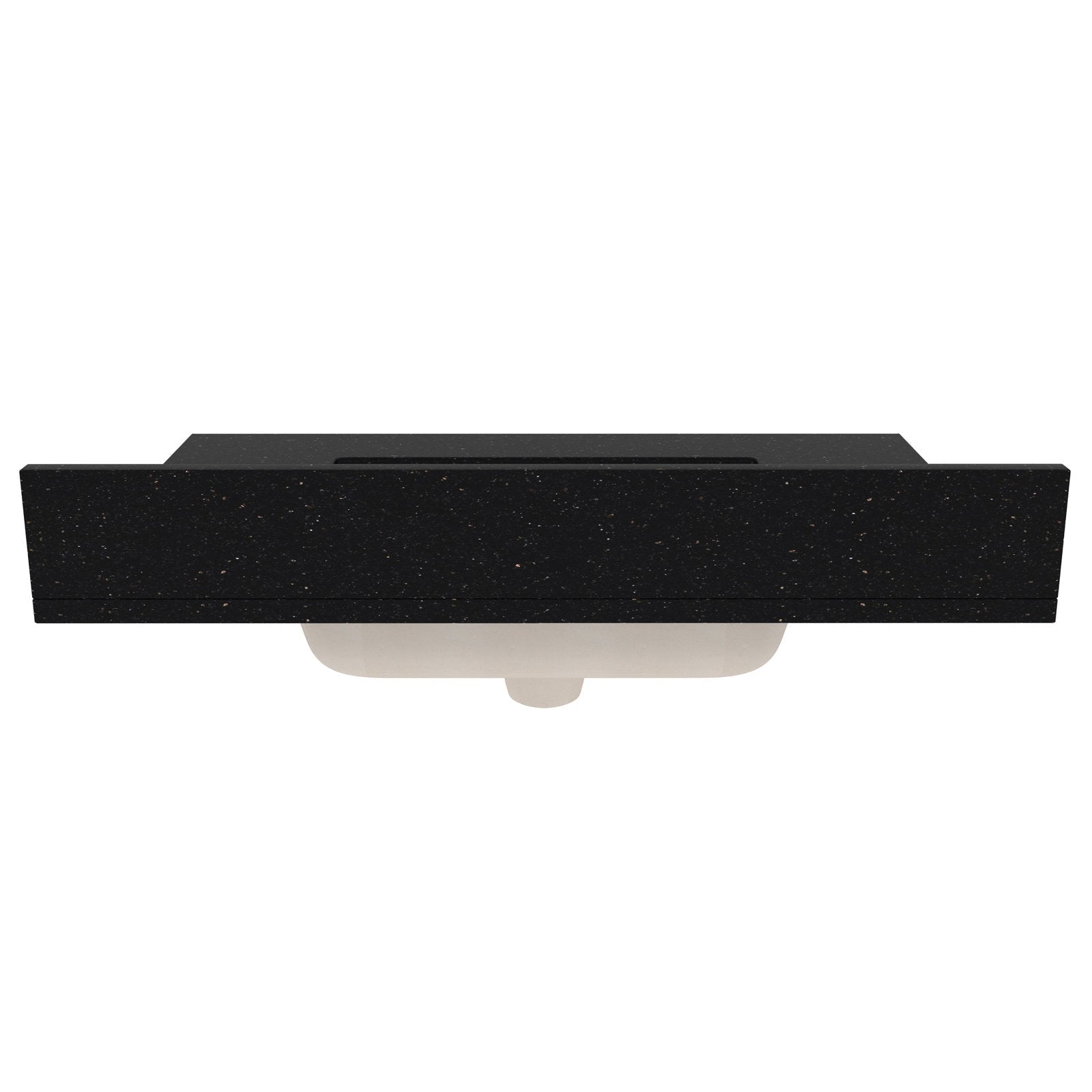 Overhead view of a black speckled quartz vanity top with an integrated rectangular basin and the white ceramic undermount sink visible beneath for a modern single-sink bathroom vanity.