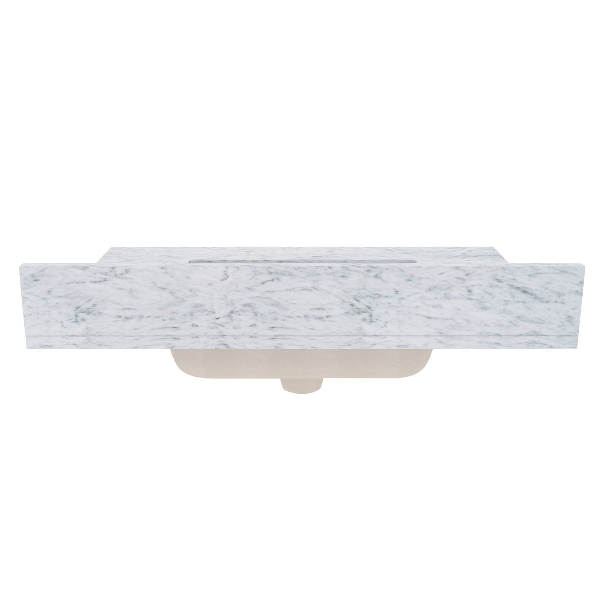 Front view of a white quartz vanity top with soft gray veining and a centered undermount rectangular sink, showing the sink basin underside against a clean white background.