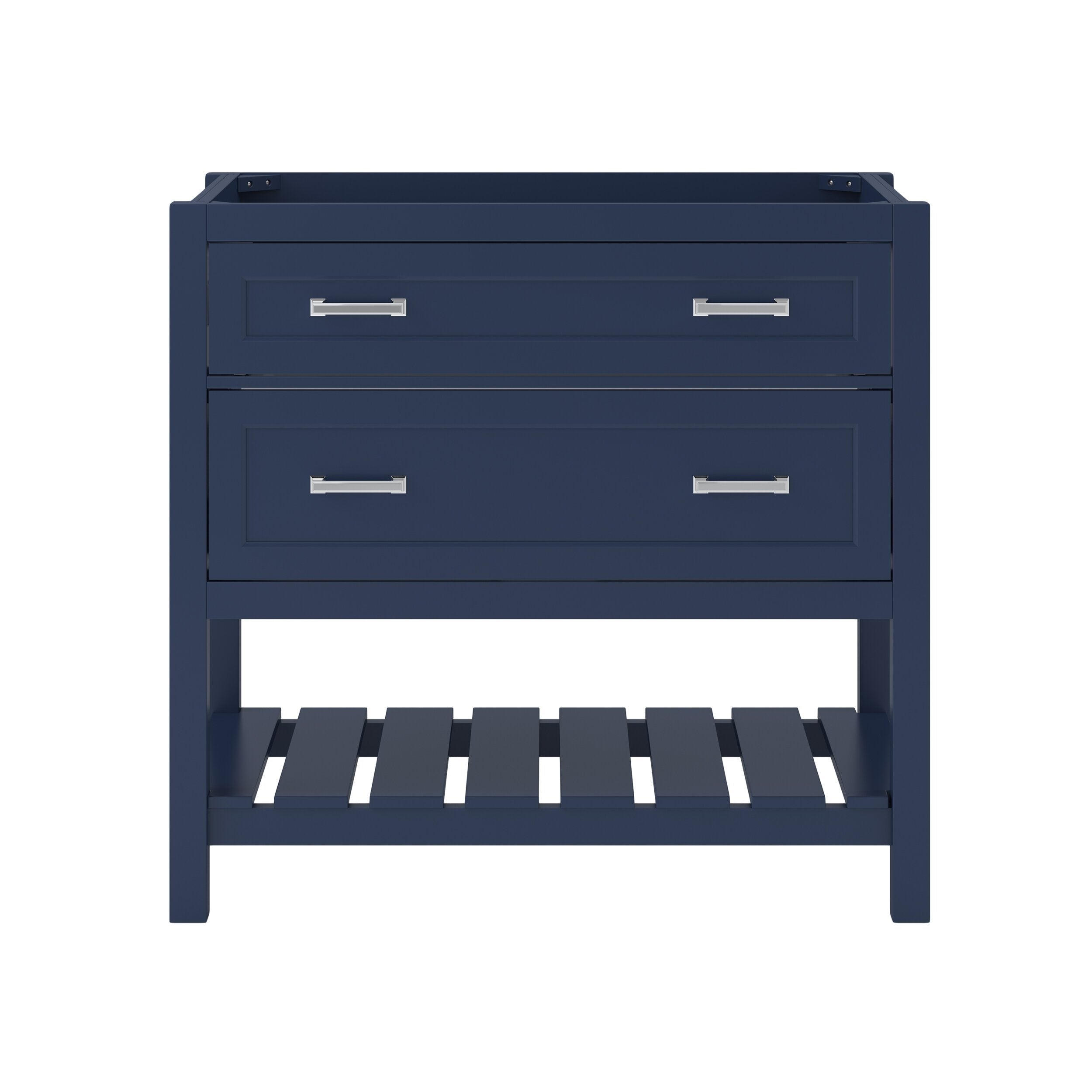 Aegean blue solid wood bathroom vanity base with two front drawers, chrome bar pulls and an open slatted lower shelf, shown without a countertop or sink.