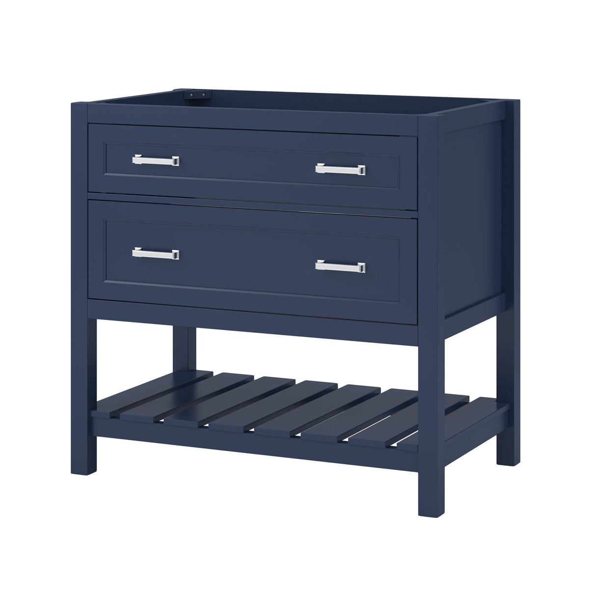 Navy solid wood freestanding bathroom vanity with two drawers, chrome bar handles and a slatted lower shelf; shown without a countertop or sink.