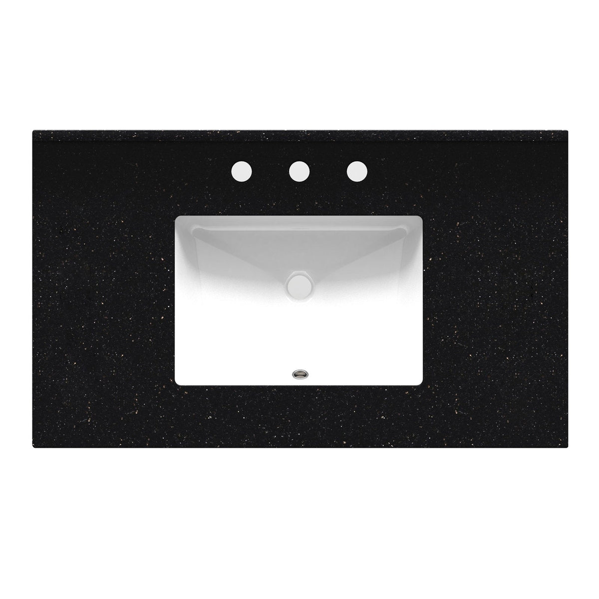 Top-down view of a black marble vanity top with subtle gold flecks and a centered white rectangular ceramic sink, showing three pre-drilled faucet holes above the basin and a round drain at the bottom.