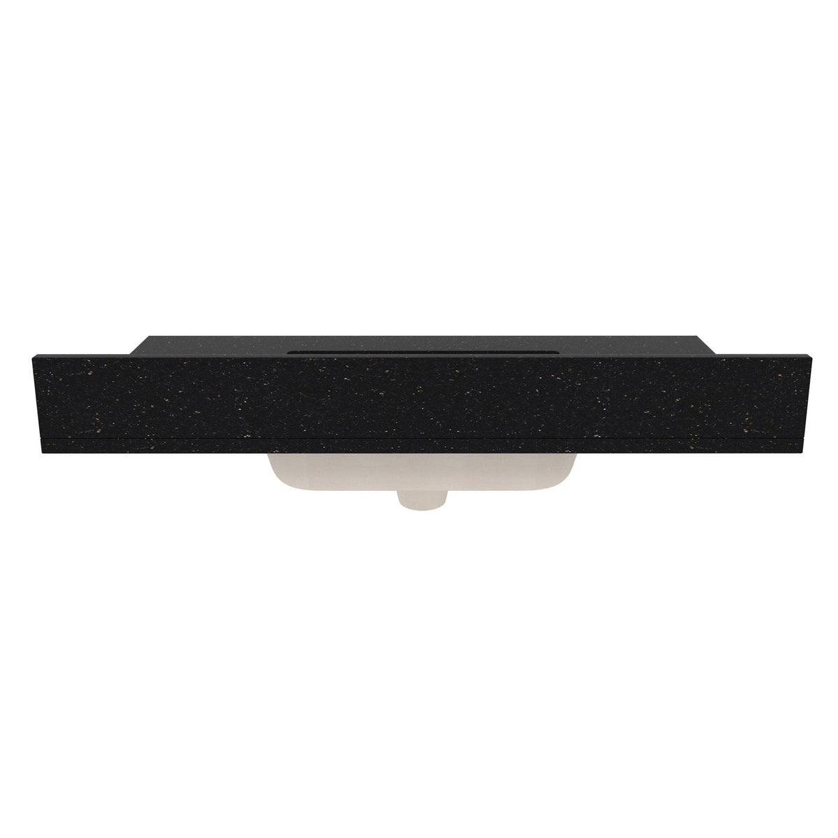Black speckled marble bathroom vanity top with a central rectangular basin cutout and white ceramic undermount sink visible from below.