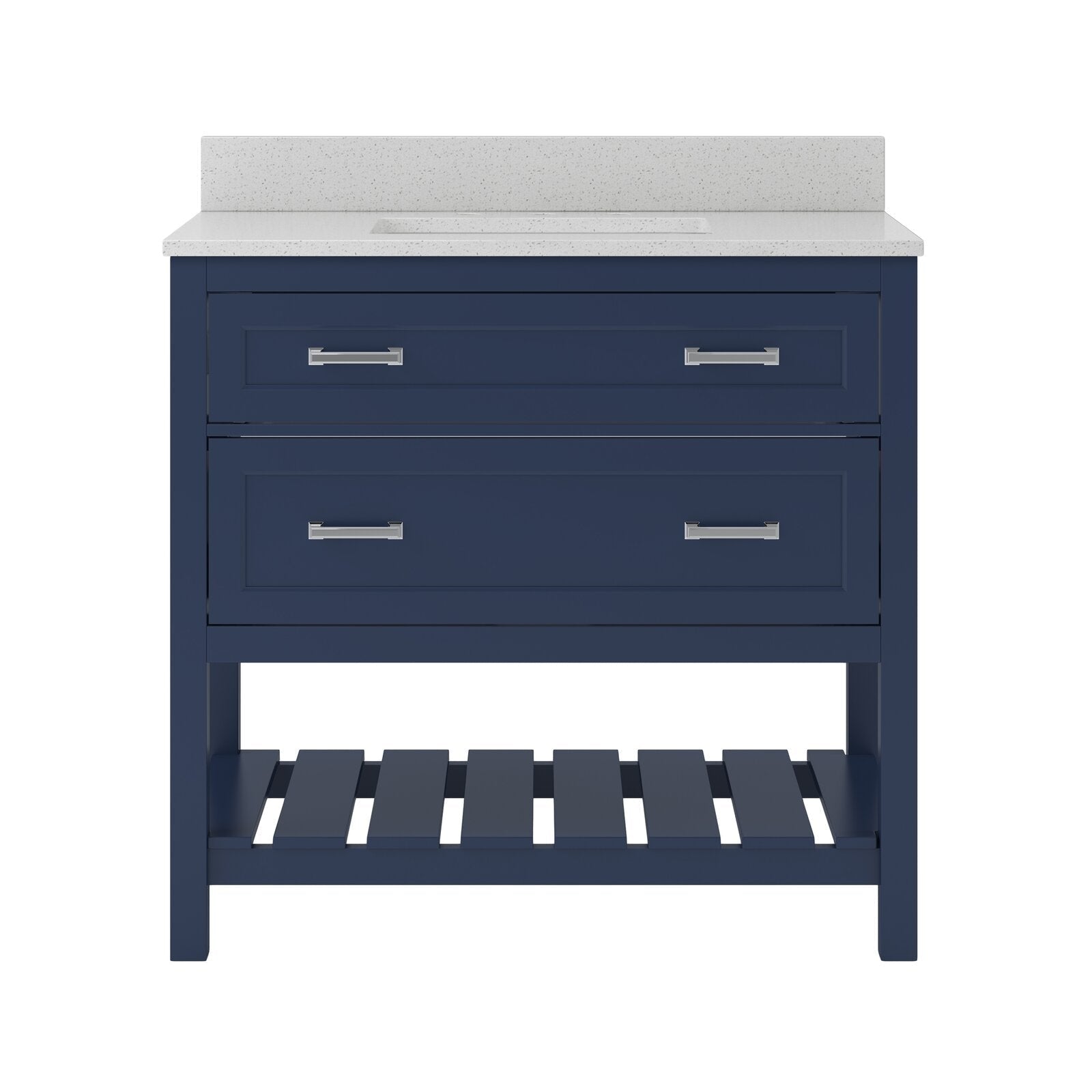 Freestanding glam bathroom vanity with a white marble countertop and backsplash, navy blue solid wood base, integrated single sink, two drawers with brushed-metal handles and a slatted lower storage shelf.
