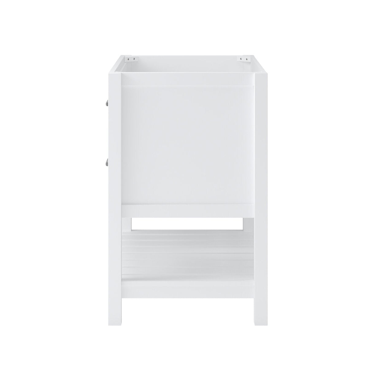 Front view of a white solid-wood freestanding bathroom vanity base featuring a recessed drawer section, open slatted lower shelf and visible side hardware; shown without countertop and sized for a single sink marble top.