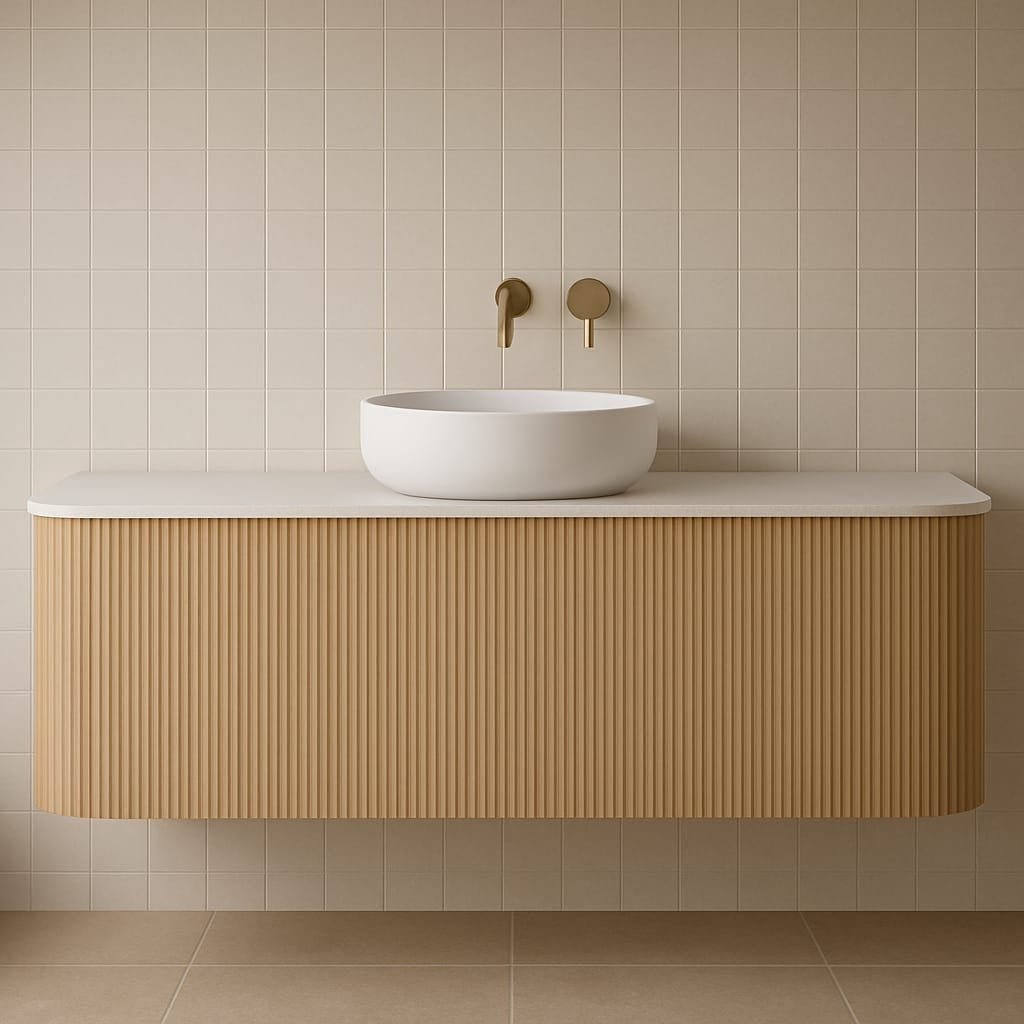 Floating fluted teak vanity with a light stone top, round white ceramic vessel sink and wall-mounted brushed brass faucet set against a neutral beige tiled bathroom wall.