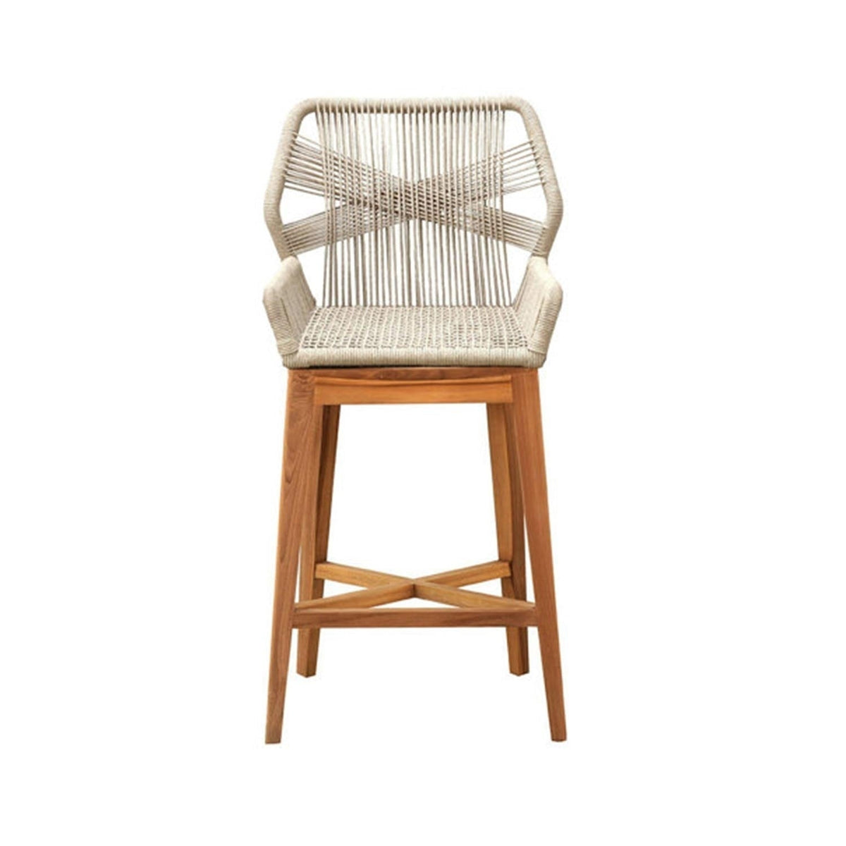 Teak outdoor bar stool with natural beige woven rope seat and crisscross back, integrated armrests, tapered solid teak legs and X-shaped footrest in a coastal contemporary style.