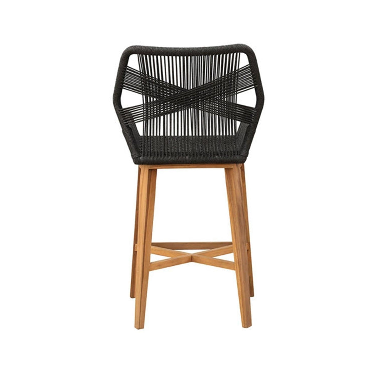 Coastal-contemporary outdoor bar stool with natural teak legs and cross-stretcher, featuring a black woven rope seat and geometric crisscross backrest.