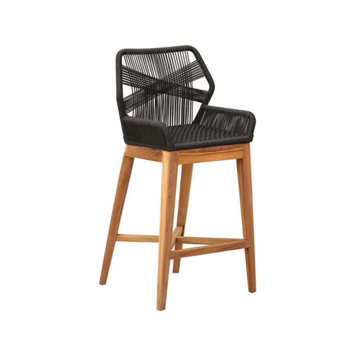 Outdoor bar stool with natural teak legs and frame, black woven rope seat and geometric open-back with integrated low arm supports and a crossbar footrest in a coastal-contemporary style.