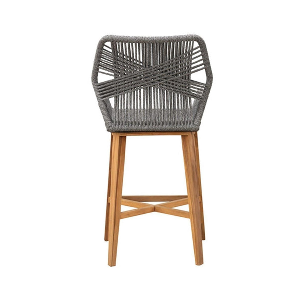 Front view of an outdoor bar stool with natural teak wood legs and X-shaped stretcher, grey woven rope seat and geometric crisscross back in a coastal-contemporary style.