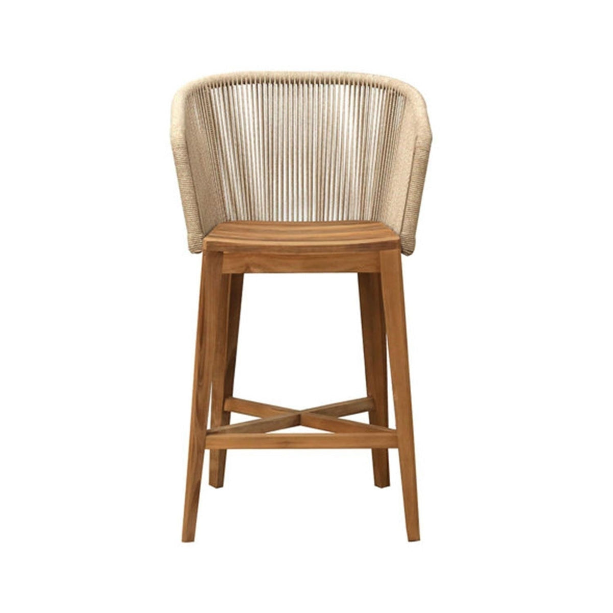 Front view of a natural teak outdoor bar stool with a curved woven rope back, solid teak seat and tapered legs with an X-shaped stretcher footrest, in a coastal modern style.