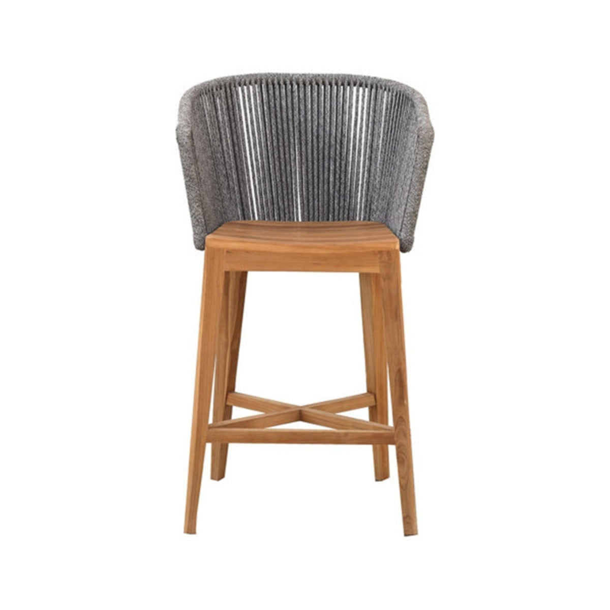 Front view of a natural teak wood outdoor bar stool with a curved grey woven fabric back, padded sides, tapered legs and crossed footrest on a white background.