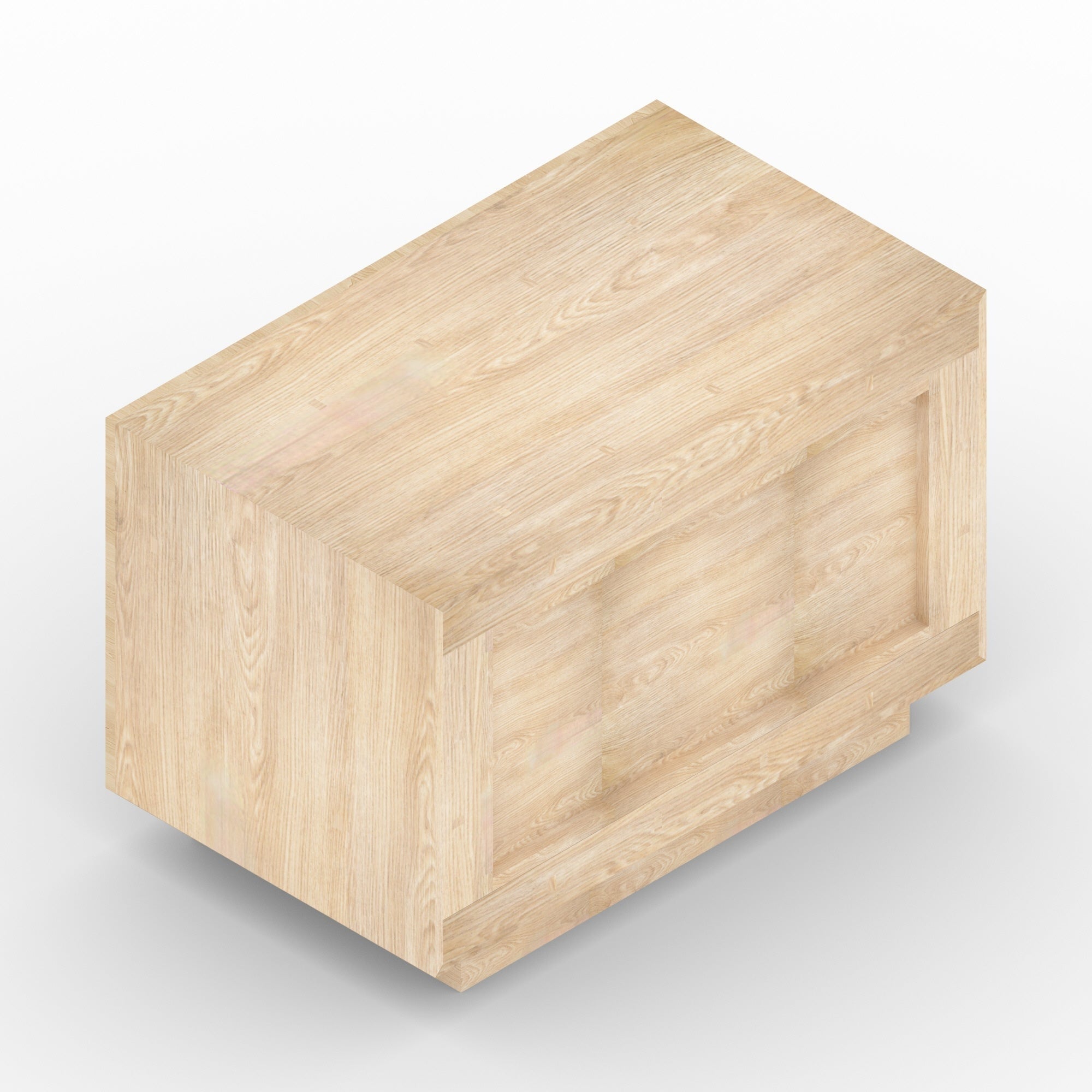 Light natural wood nightstand with recessed front panels and a low plinth base, modern rectangular bedside table in a beige wood finish.