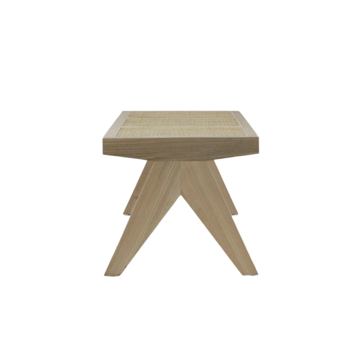 Front view of a natural solid wood backless bench with a three-panel woven cane (Vienna weave) seat and angled splayed legs in a light natural finish, showcasing a modern minimalist silhouette.