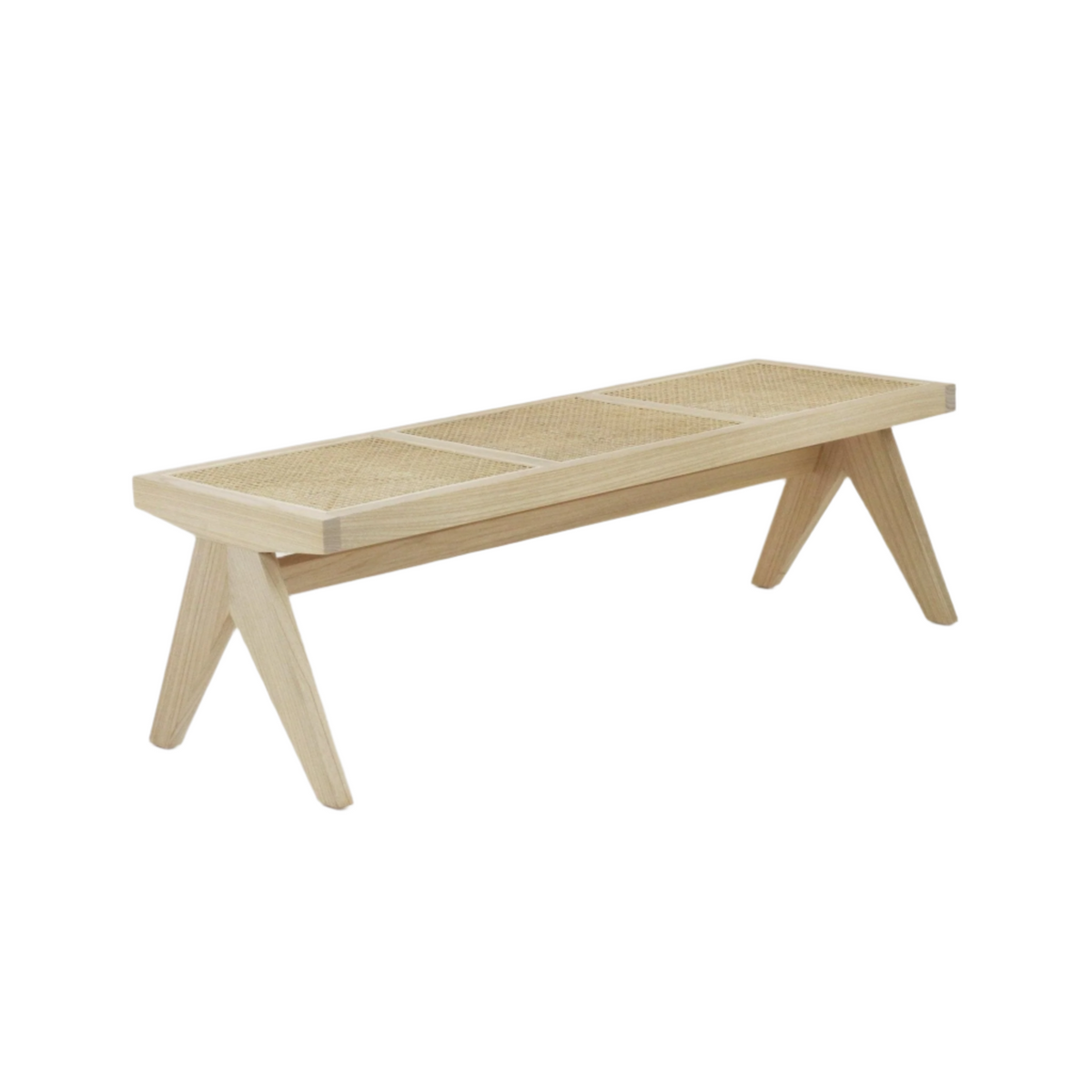 Backless natural wood bench with three cane-woven seat panels, angled A-frame legs and a slim rectangular frame in a light natural finish, shown on a white background.