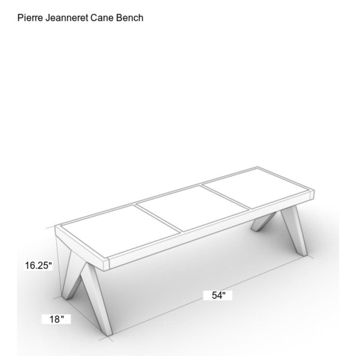 Black-and-white line drawing of a natural wood cane bench with three rectangular seat panels and angled A-frame legs, annotated with dimensions: 54 inches long, 16.25 inches seat height and 18 inches depth.