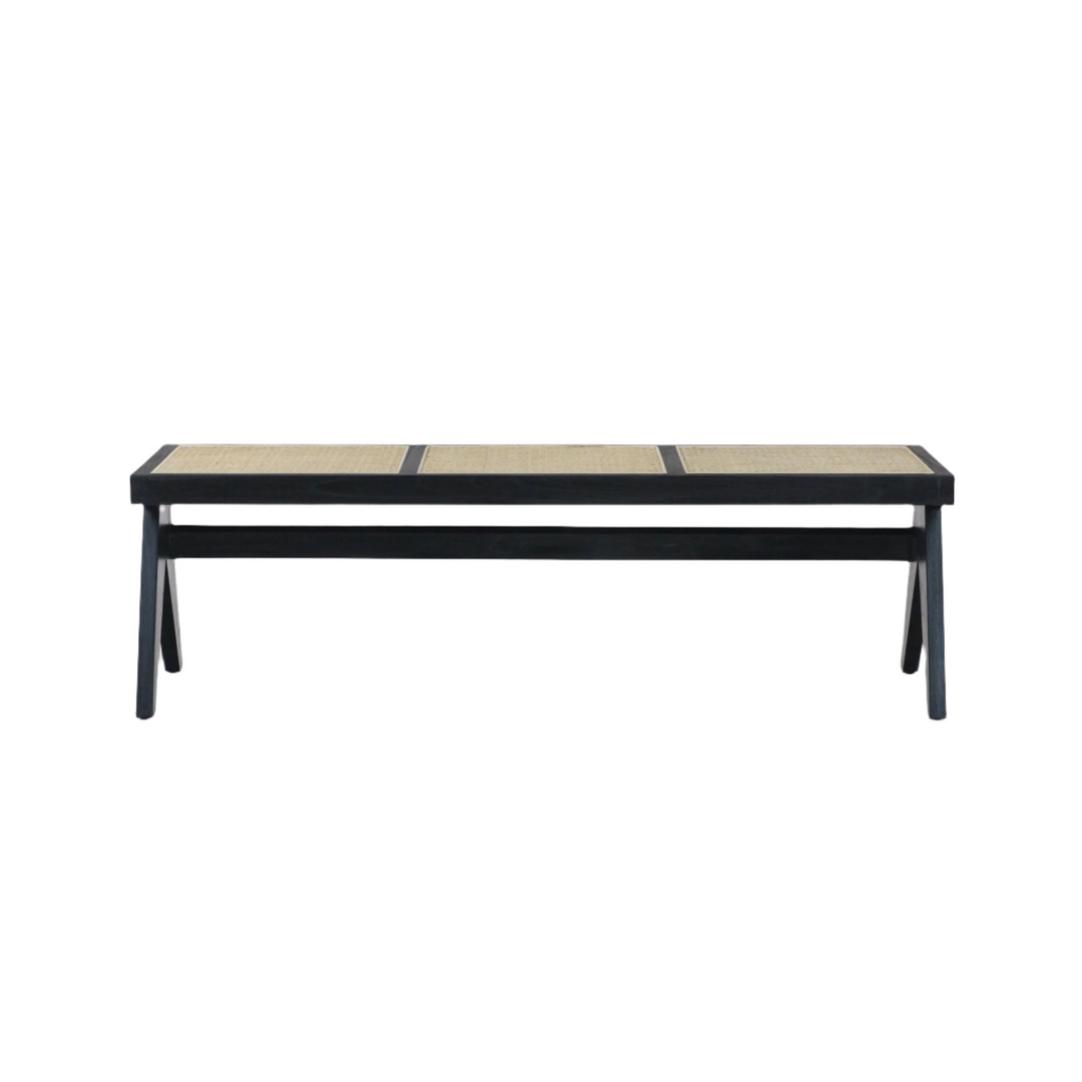 Backless modern wooden bench with a black solid wood frame and three natural woven cane seat panels, tapered splayed legs and a lower stretcher support, shown on a white background.