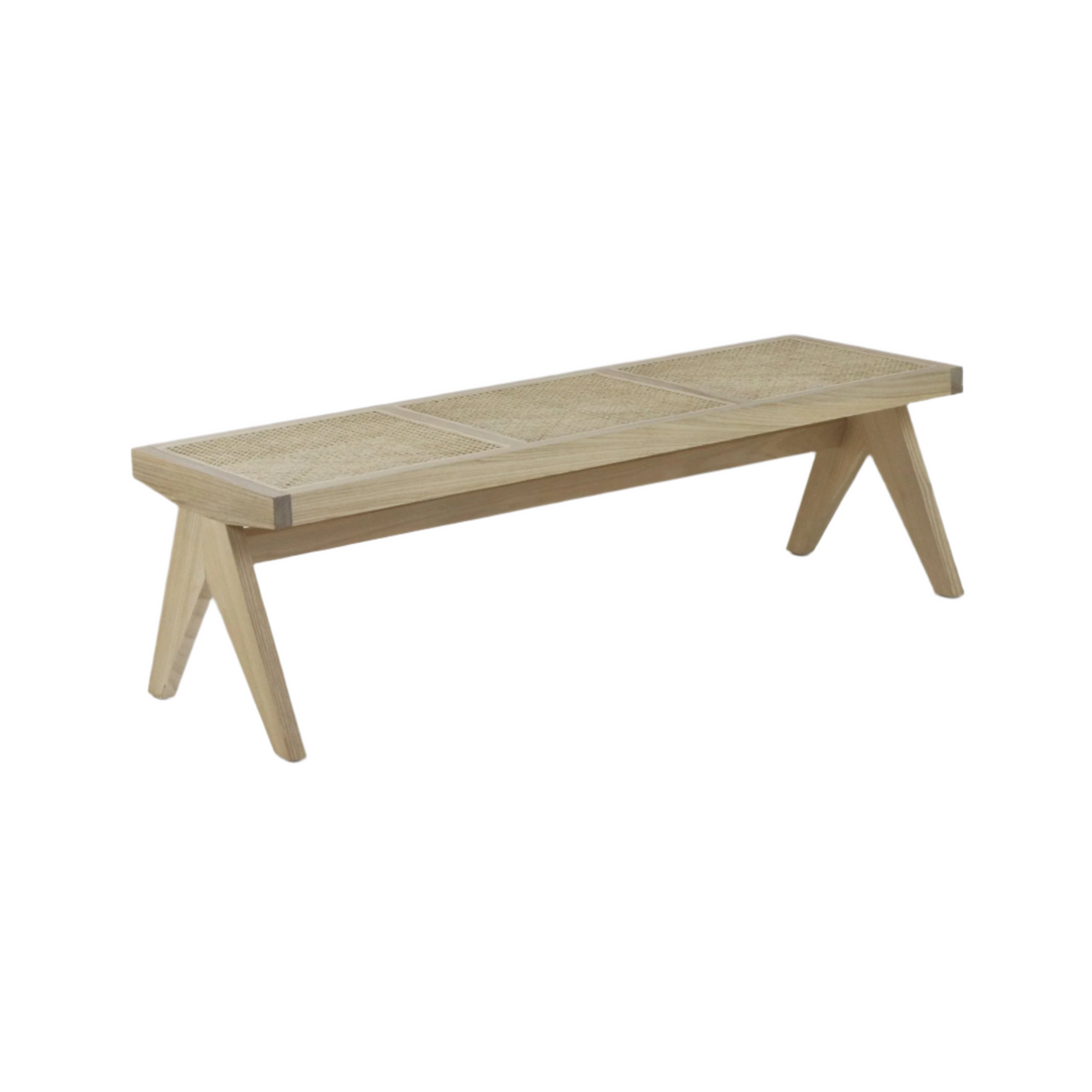Natural wood bench with a three-panel cane-woven seat and angled A-frame legs in a light natural finish, shown against a white background.