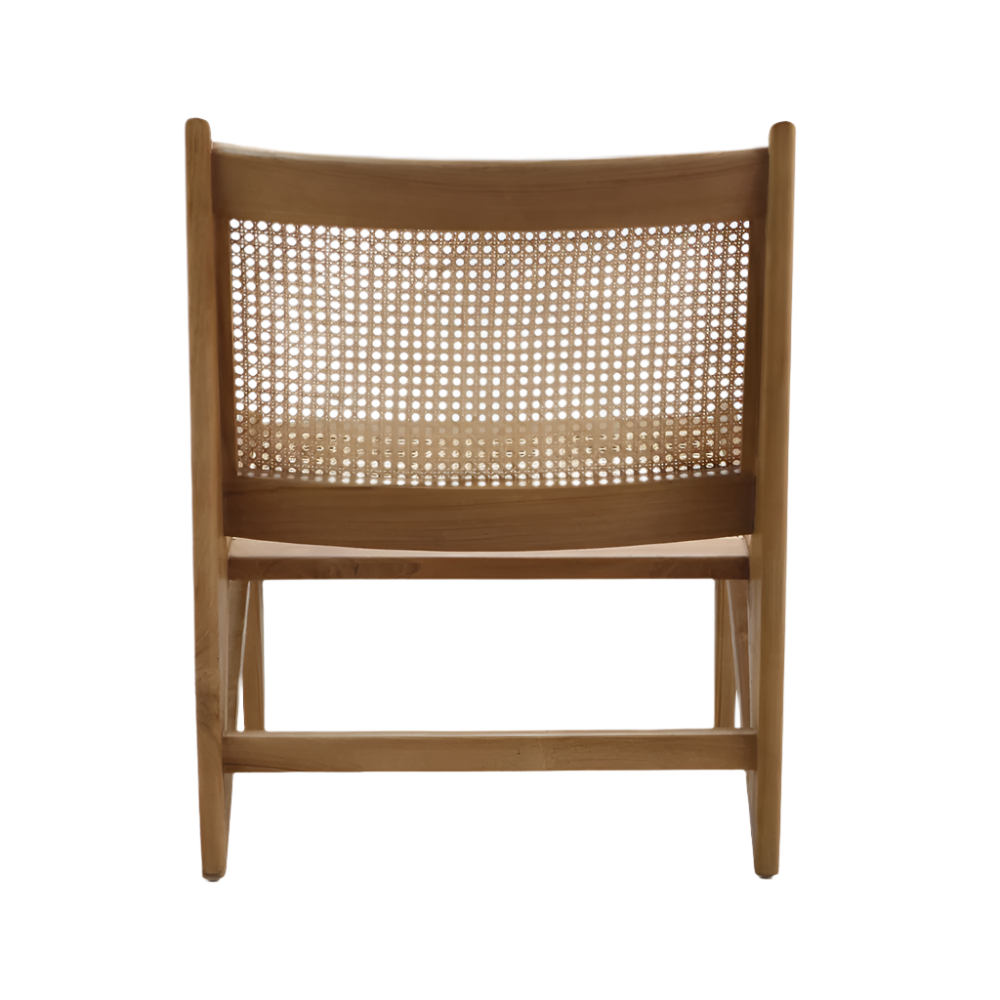 Rear view of a modern natural teak lounge chair with woven cane backrest and solid wood frame in a warm blonde finish, showing the low seat and horizontal stretchers against a white background.
