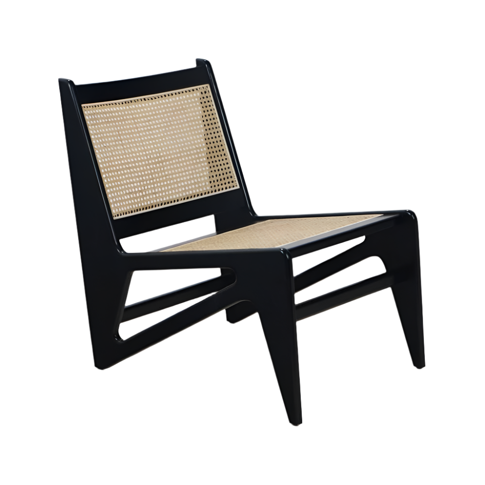 Low mid-century modern lounge chair with a black solid wood frame and woven natural cane seat and back, armless silhouette with angled legs and open carved side supports.