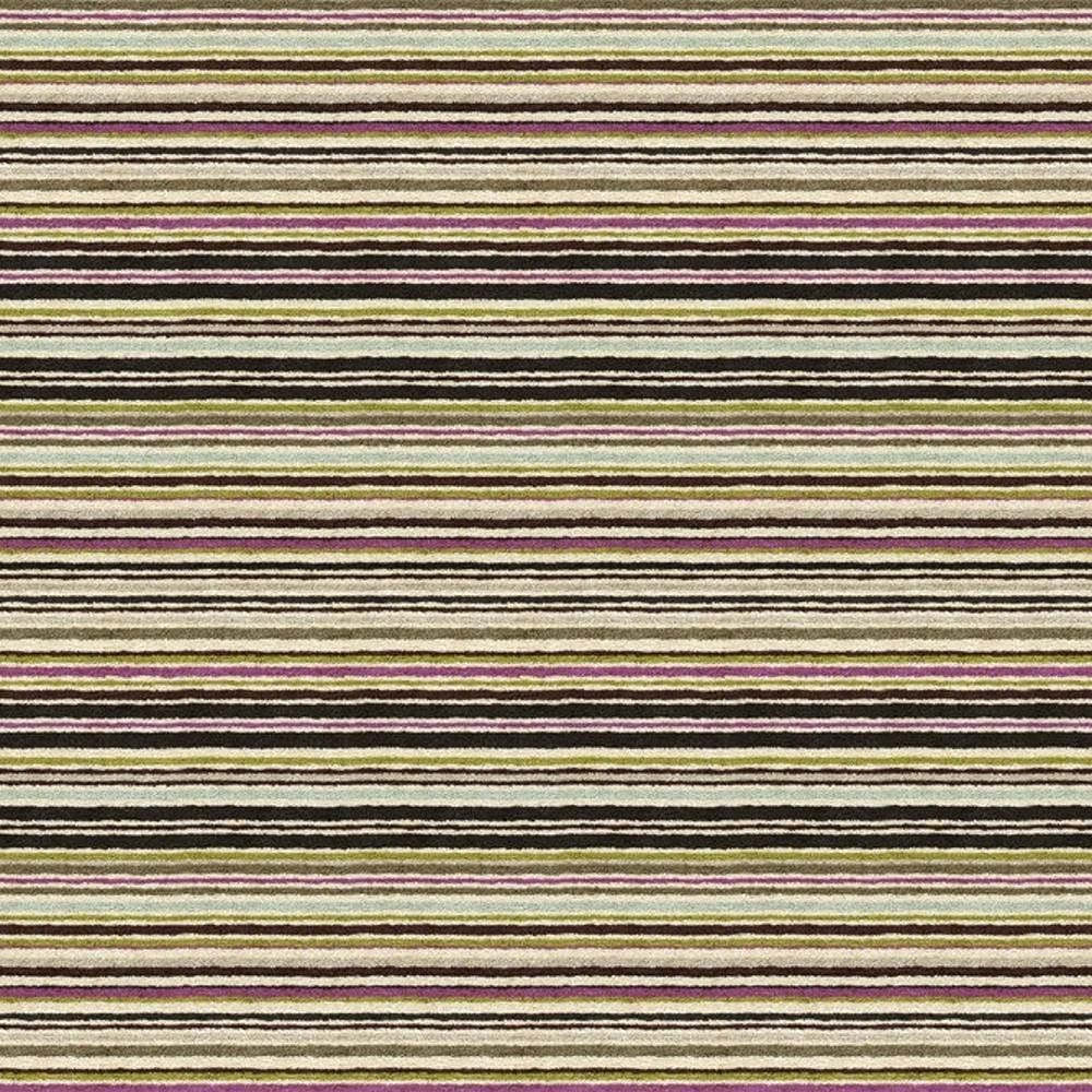 Close-up of contemporary viscose-blend upholstery fabric showing horizontal multicolor stripes in cream, olive green, yellow, purple and dark brown with varied thin and thick stripe bands for sofa use.