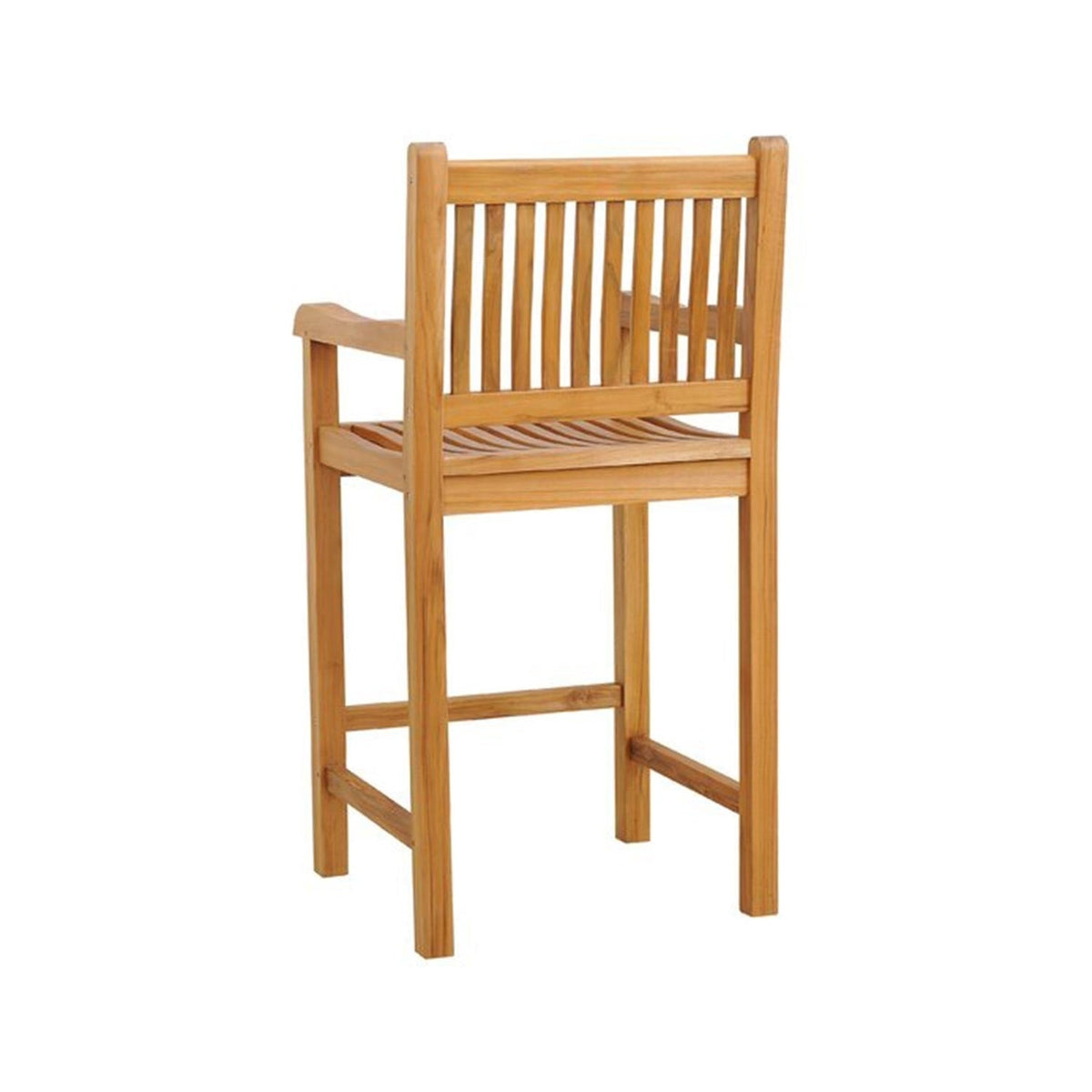 Natural teak outdoor bar stool with slatted seat and back, square legs and integrated armrests, shown against a white background.