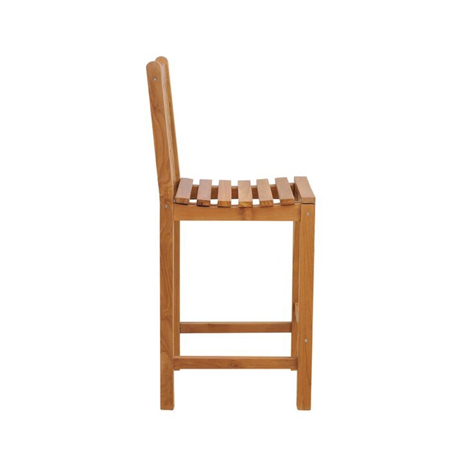 Side profile of an armless teak outdoor bar stool with a slatted seat, straight square legs and two horizontal footrests in a natural teak finish, coastal-style design.