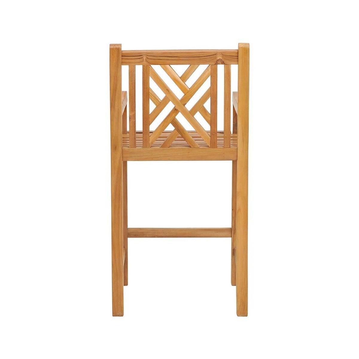 Rear view of a natural teak outdoor bar stool in coastal style, solid wood construction with a slatted seat, geometric lattice back, short armrests, square legs and a front footrest.