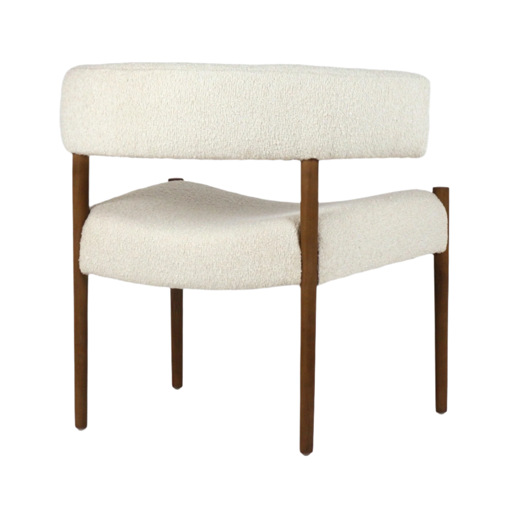 Cream alpaca bouclé upholstered dining chair with a rounded open back and scooped seat, supported by four straight natural wood legs in a modern mid-century silhouette.