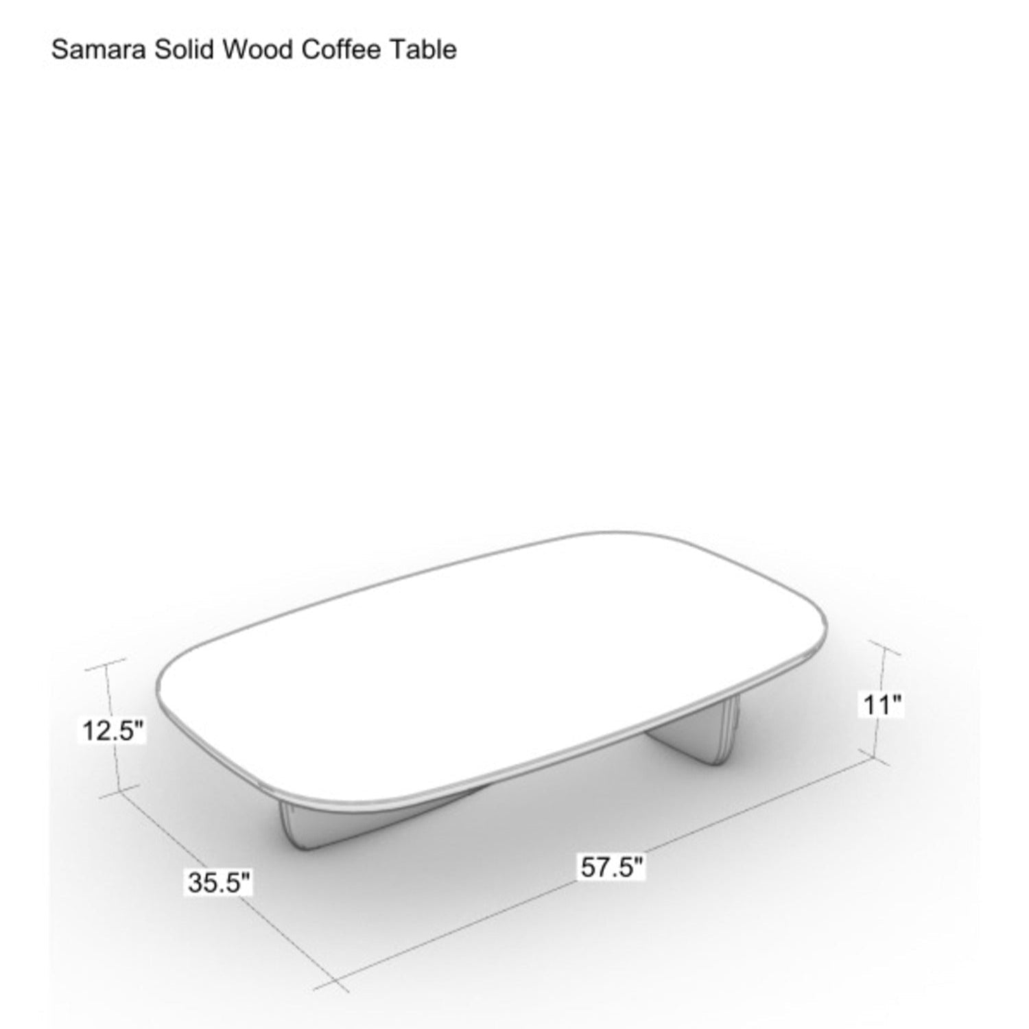 Technical line drawing of a modern solid wood low coffee table with rounded rectangular top and two curved pedestal legs, annotated with dimensions 57.5" L x 35.5" D x 12.5" H.