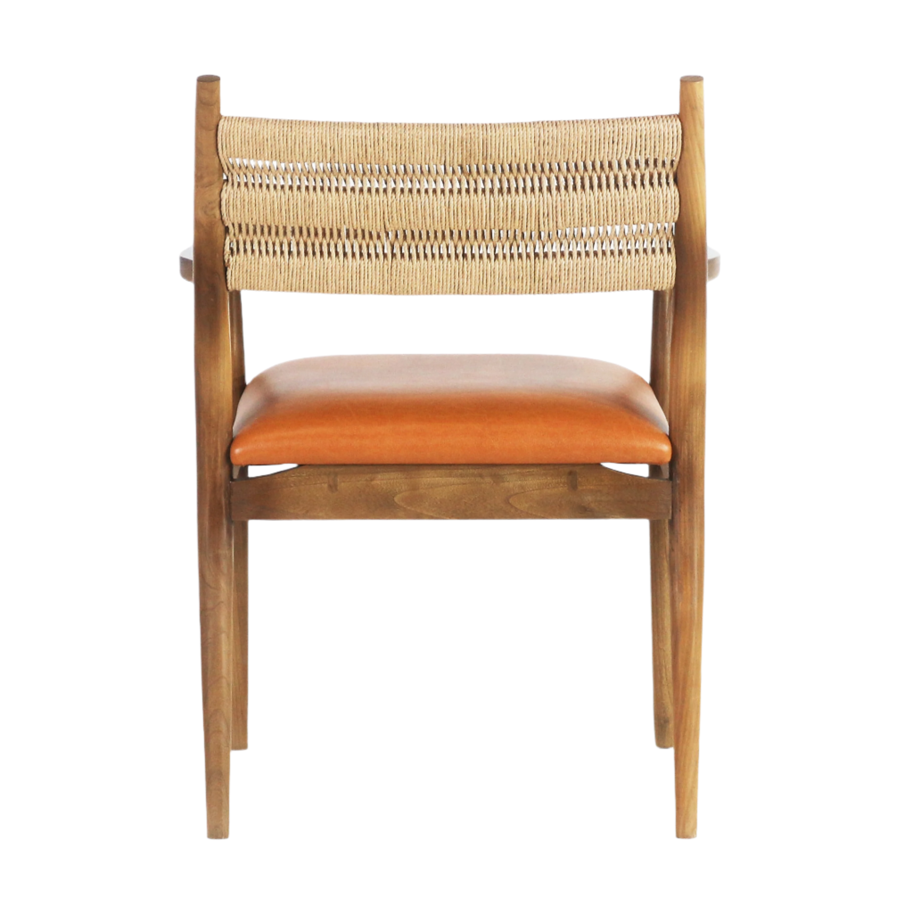 Rear view of a coastal-style dining chair featuring a woven natural rope back, warm tan faux-leather seat cushion and stained natural wood frame with tapered legs.
