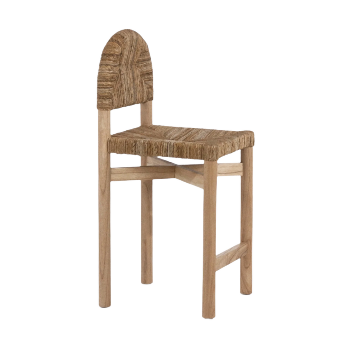 Natural oak counter stool with light teak finish, woven seagrass rope seat and small arched backrest on a simple four-leg frame, armless coastal design ideal for kitchen islands and counters.