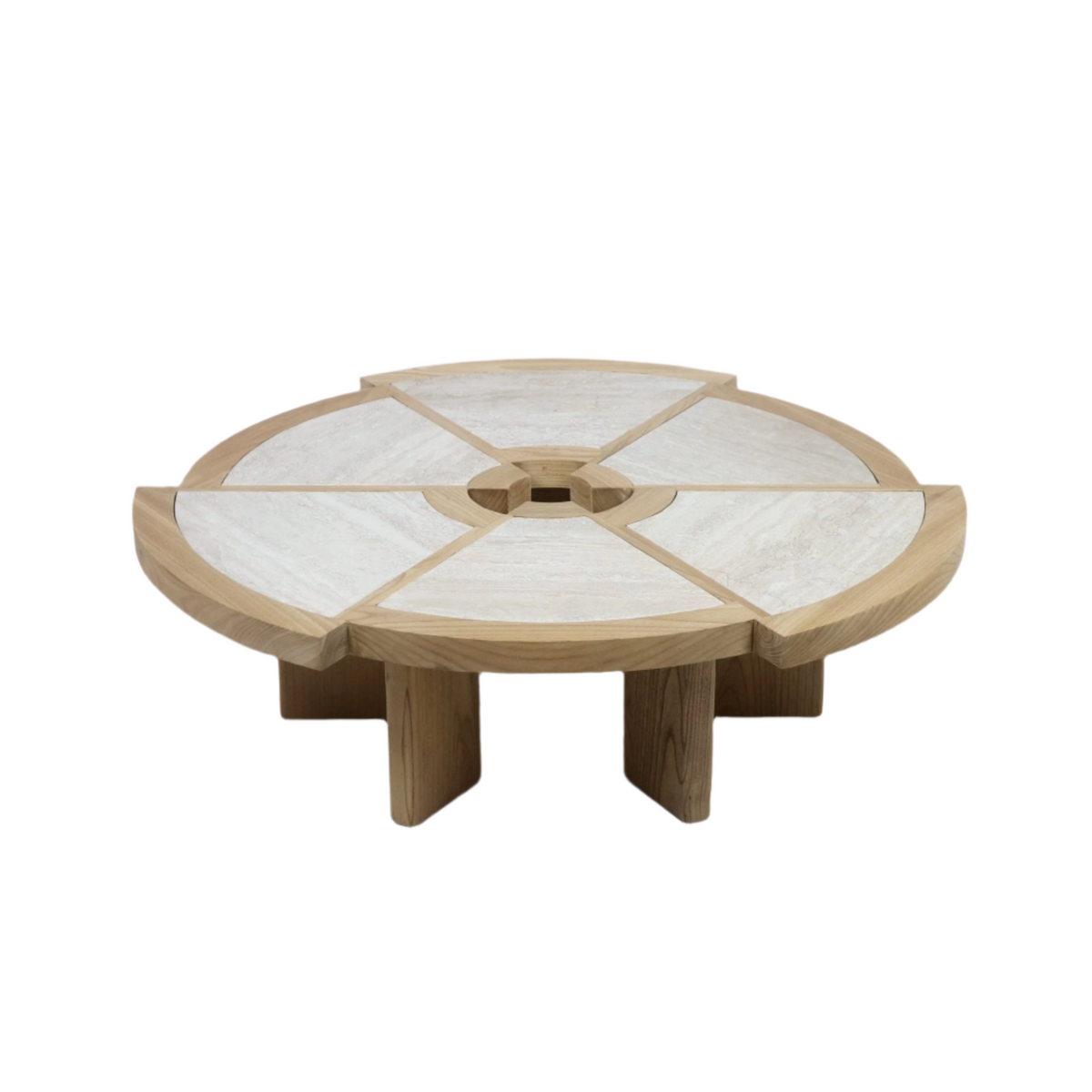 Round modern coffee table with solid oak frame and light travertine inlay divided into six pie-shaped panels around a central ring, natural oak finish and low block pedestal legs.