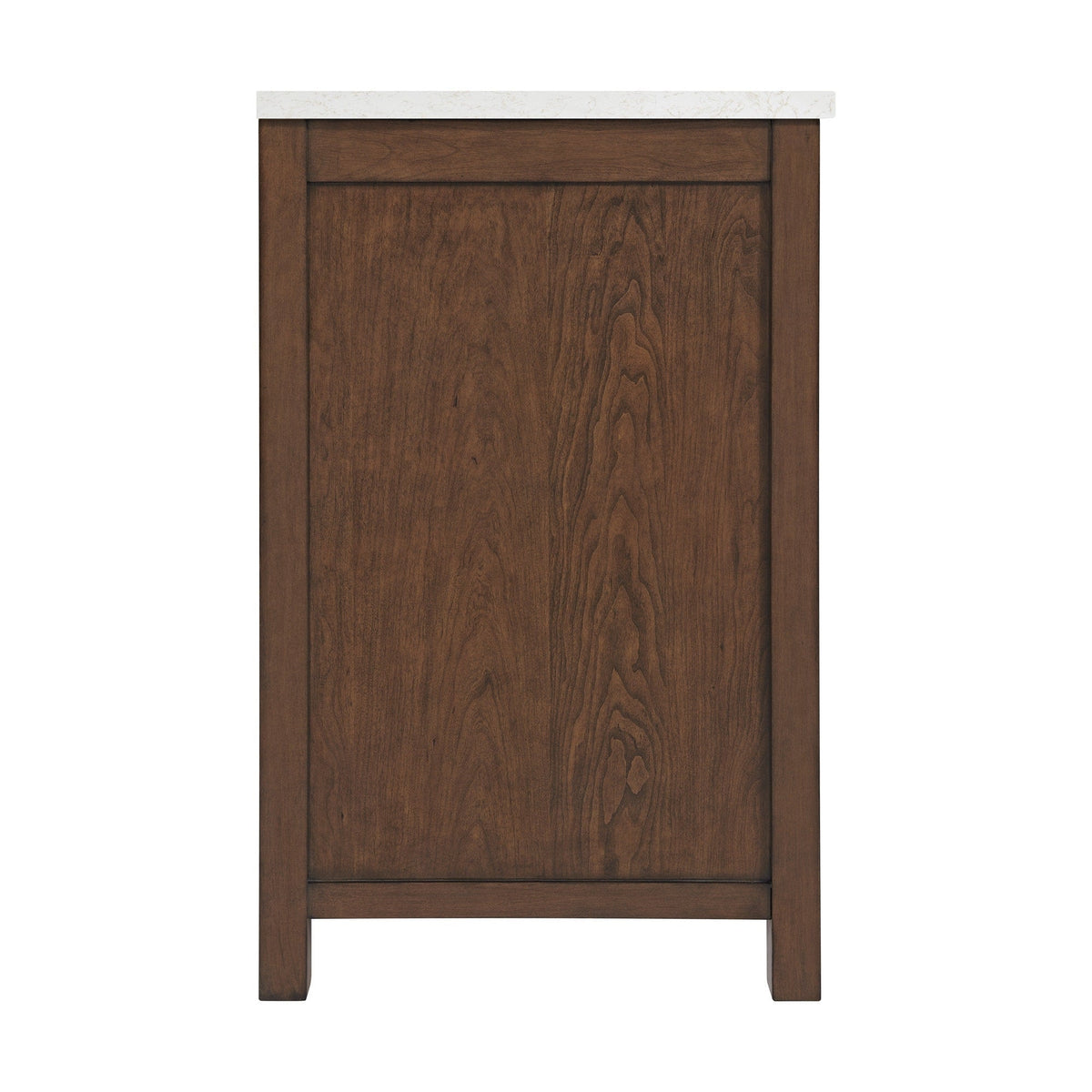 Modern bathroom vanity side panel in warm natural solid wood with visible grain and short legs, shown with a light stone countertop edge.