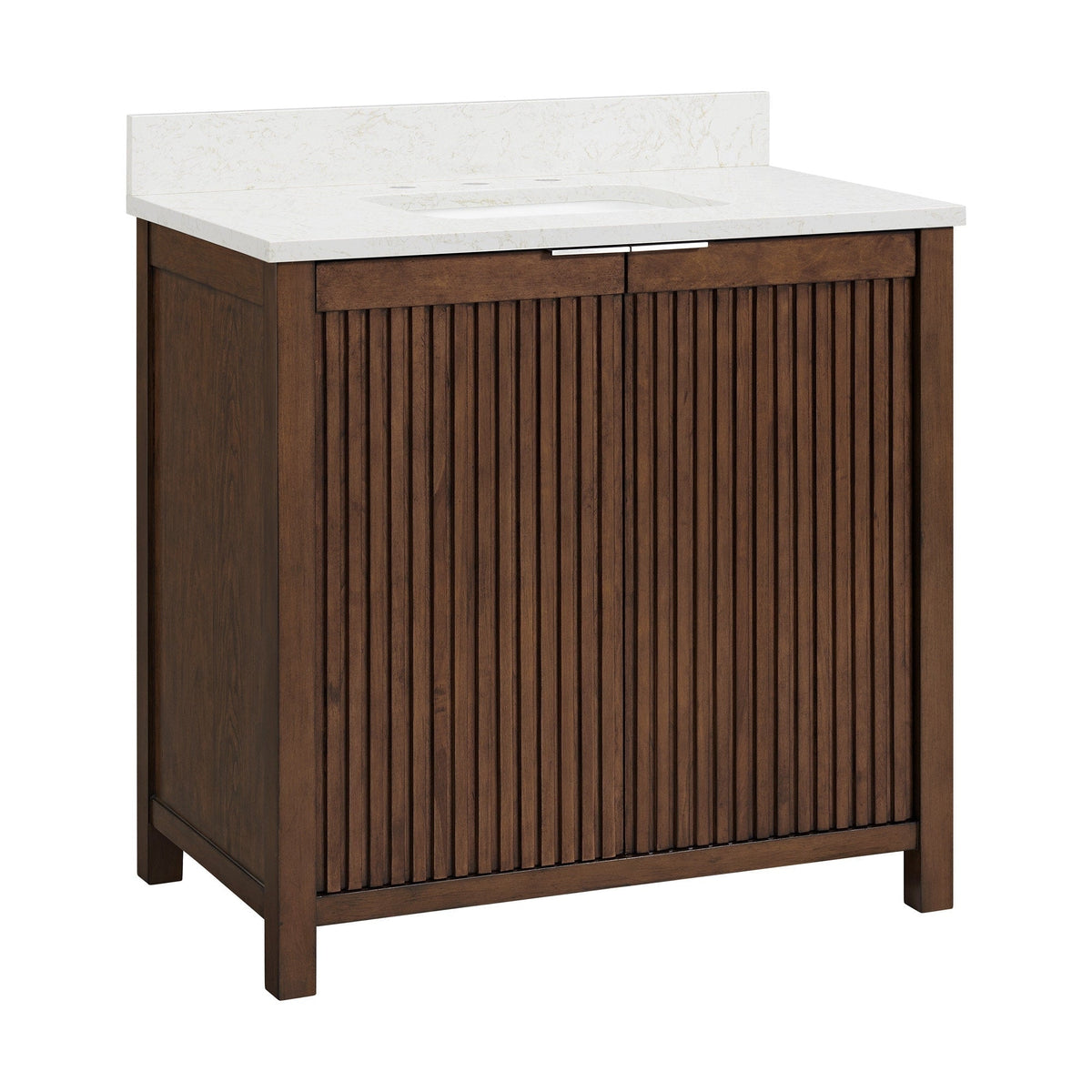 Freestanding modern single-sink bathroom vanity in rich brown solid wood with vertical fluted cabinet front, white stone countertop and backsplash with integrated rectangular sink and slim chrome handle.