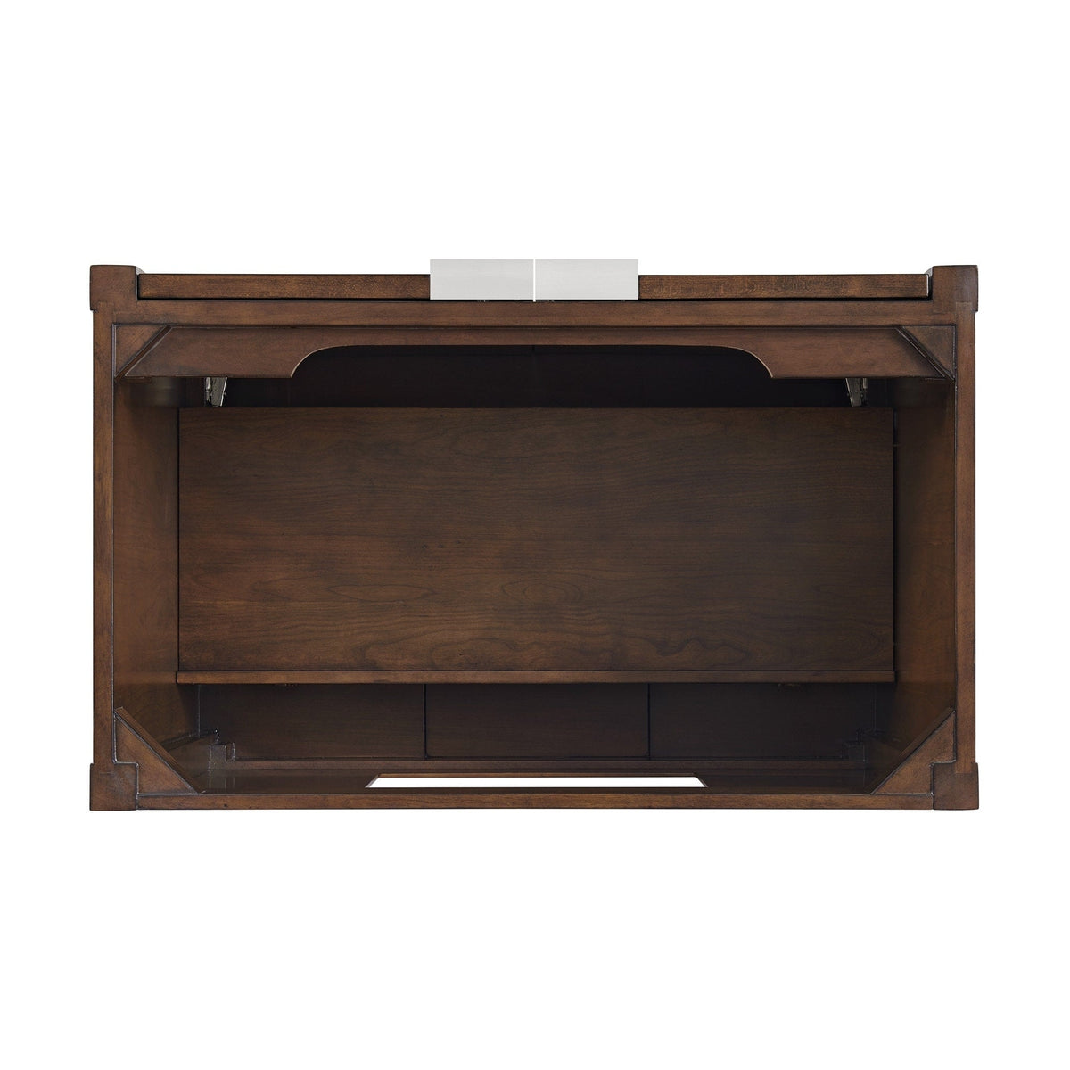 Open front view of a solid wood bathroom vanity interior in rich brown finish showing a recessed center panel, shelf ledge and bottom plumbing access cutout for a 36-inch single-sink installation.