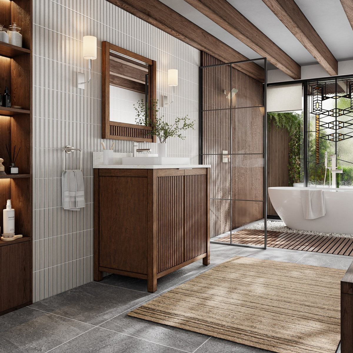 36-inch fluted solid wood single-sink bathroom vanity with stone countertop and vessel sink, framed wood mirror and wall sconces in a modern bathroom with exposed wood beams, glass shower partition and freestanding tub.