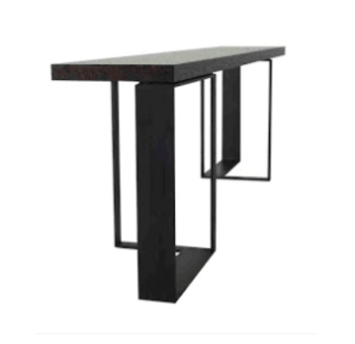 Modern console table with a mahogany-finish wood top and black steel beam-style geometric legs, narrow rectangular profile ideal for an entryway or living room.