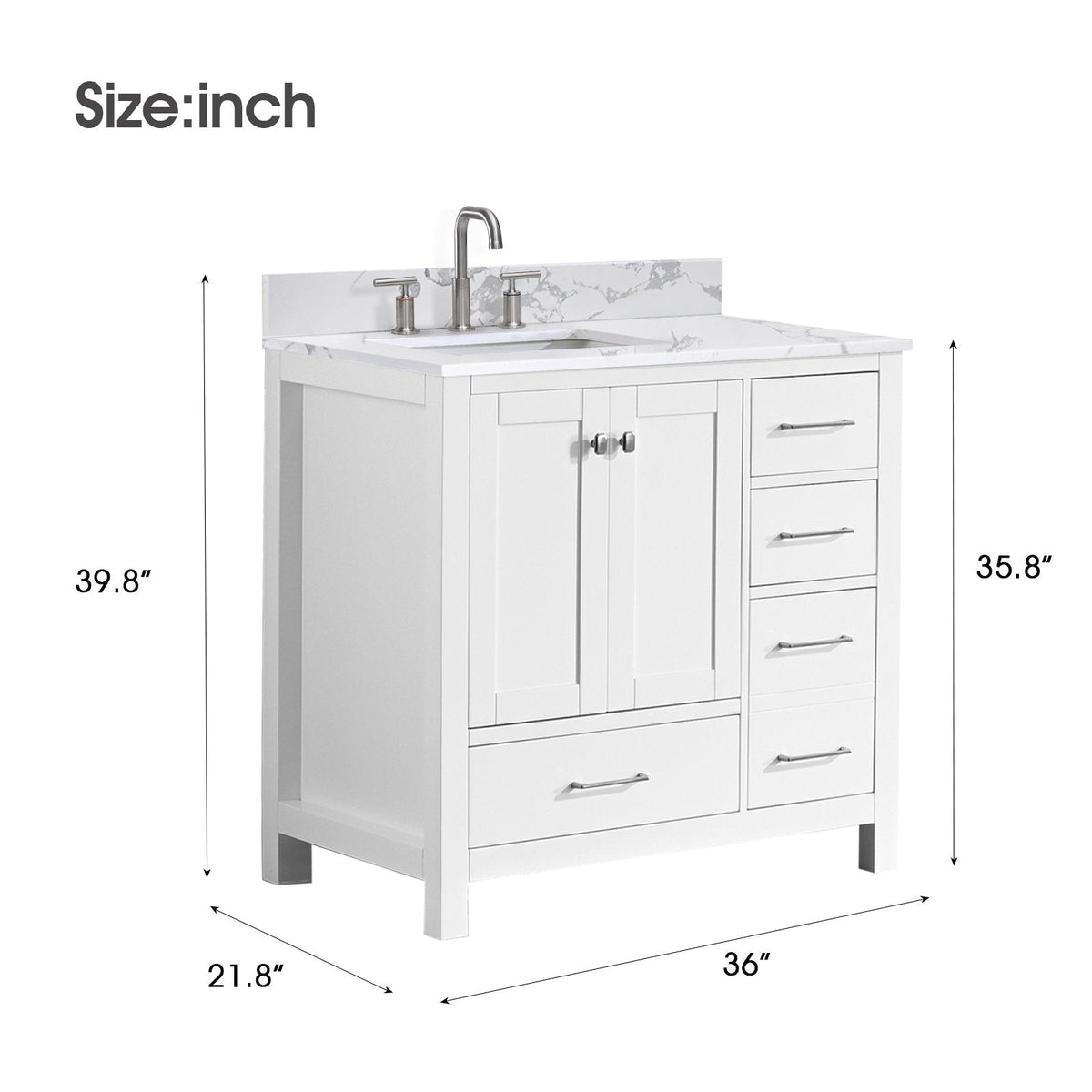 36-inch freestanding solid wood bathroom vanity in white with a stone-marble top and integrated rectangular sink, brushed nickel faucet and handles, shaker-style doors, one lower drawer and four side drawers.