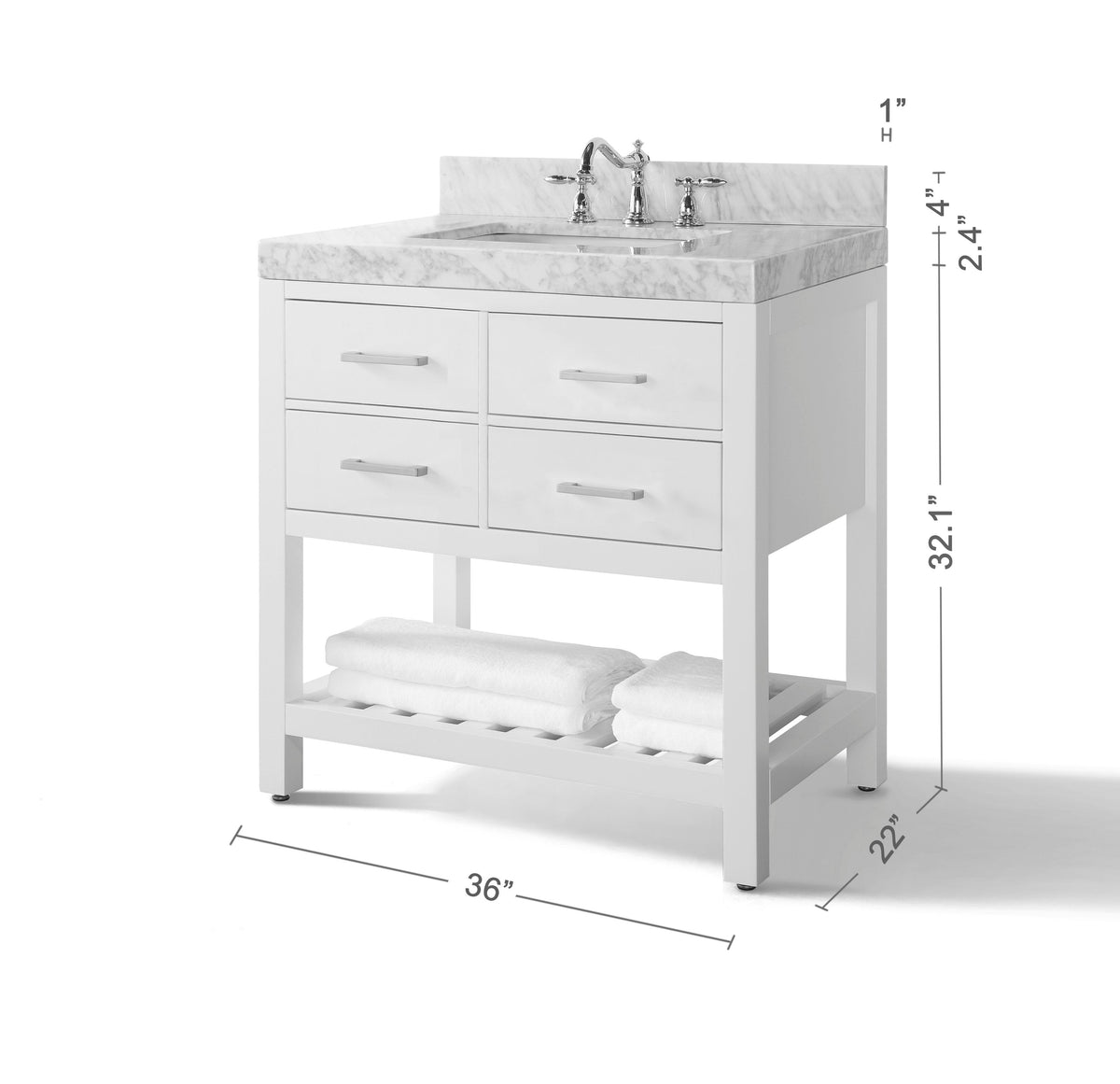 36-inch freestanding modern single-sink bathroom vanity in solid wood with a stone marble-look top, four front drawers with metal pulls, open slatted lower shelf holding folded towels, chrome faucet and dimension callouts.