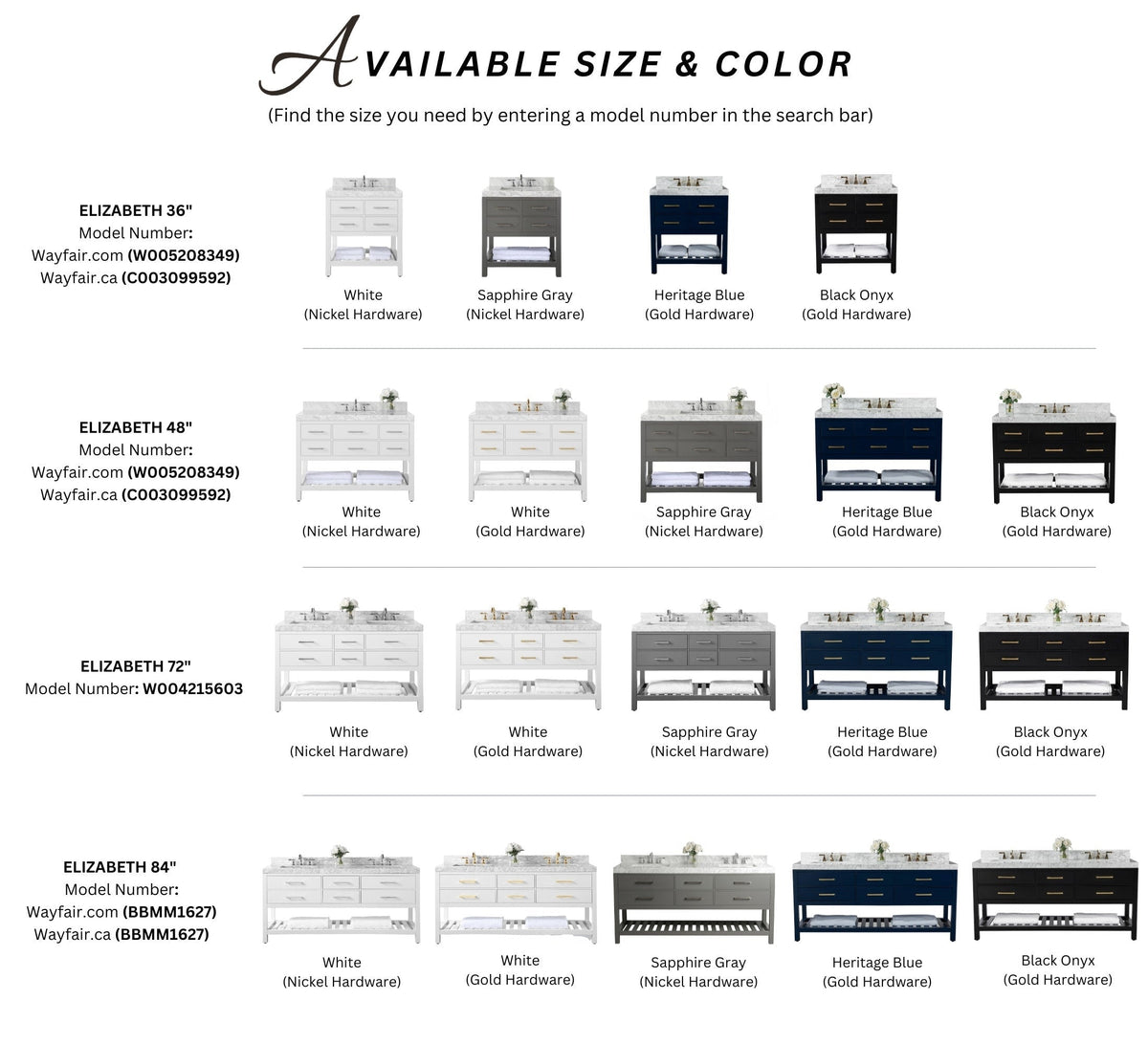 Grid showing Elizabeth bathroom vanities in 36, 48, 72 and 84 inch sizes with finishes in white, sapphire gray, heritage blue and black onyx, nickel or gold hardware, solid wood construction and stone tops in a modern style.