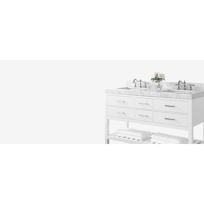 Freestanding 60-inch white solid wood double-sink bathroom vanity with stone top, integrated ceramic sinks, chrome faucets, six drawers and an open slatted shelf holding folded towels.