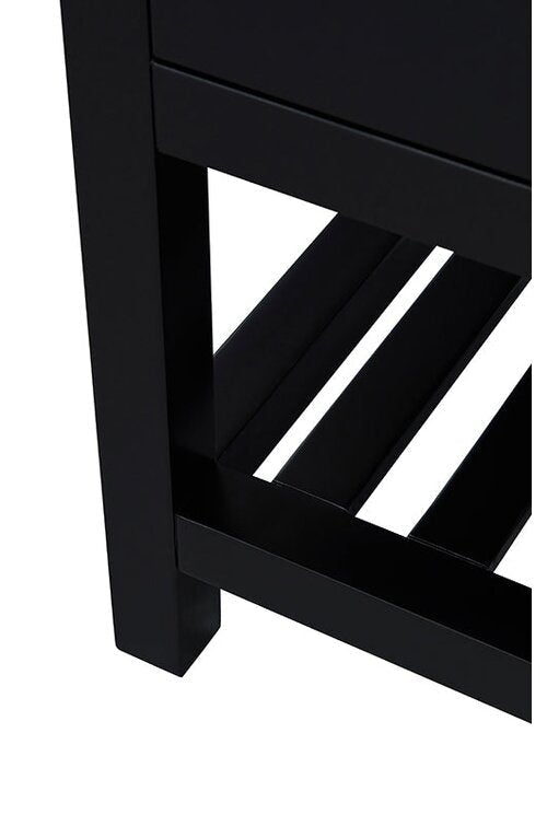 Close-up of a solid wood bathroom vanity leg and slatted lower shelf in a stone finish, highlighting the modern squared frame and clean edges.
