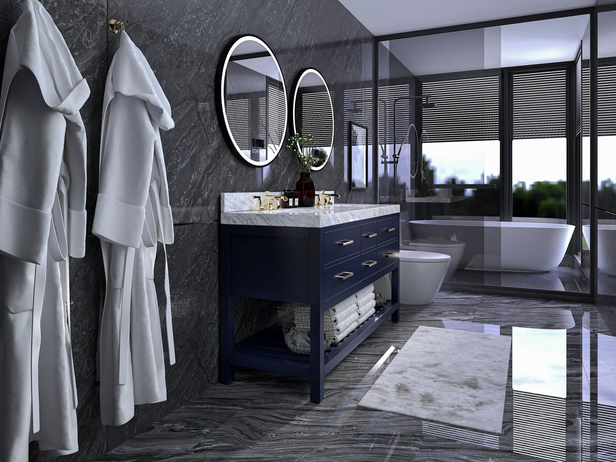 Modern contemporary 60-inch solid wood double-sink vanity with a stone top and brass faucets, open towel shelf, two round mirrors, white robes on wall hooks, freestanding tub and glass shower in a gray stone bathroom.