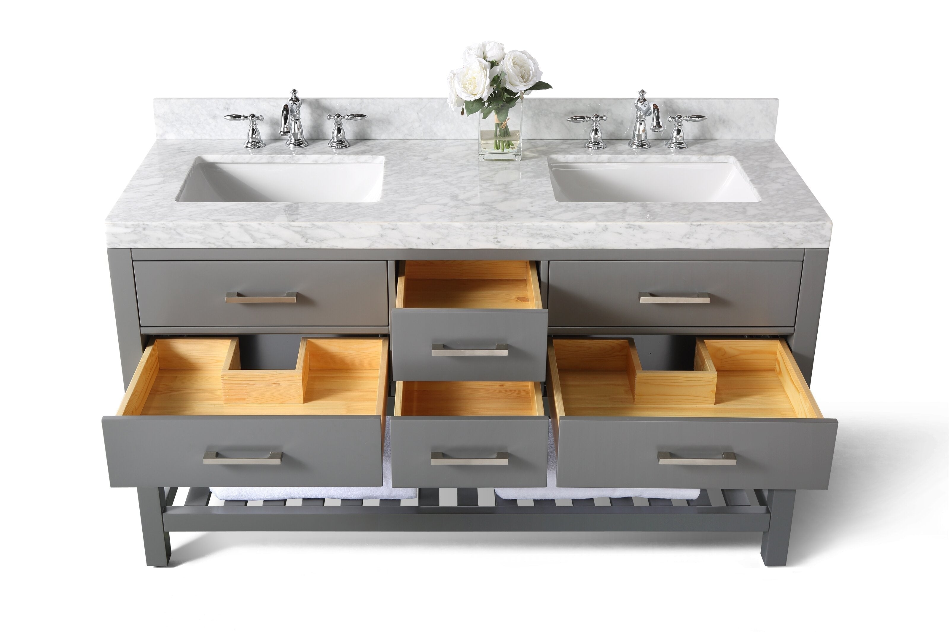 72-inch modern double-sink bathroom vanity with stone marble top, two rectangular undermount sinks and chrome faucets; gray solid wood base with several open drawers revealing natural wood organizers and a slatted lower shelf with towel.